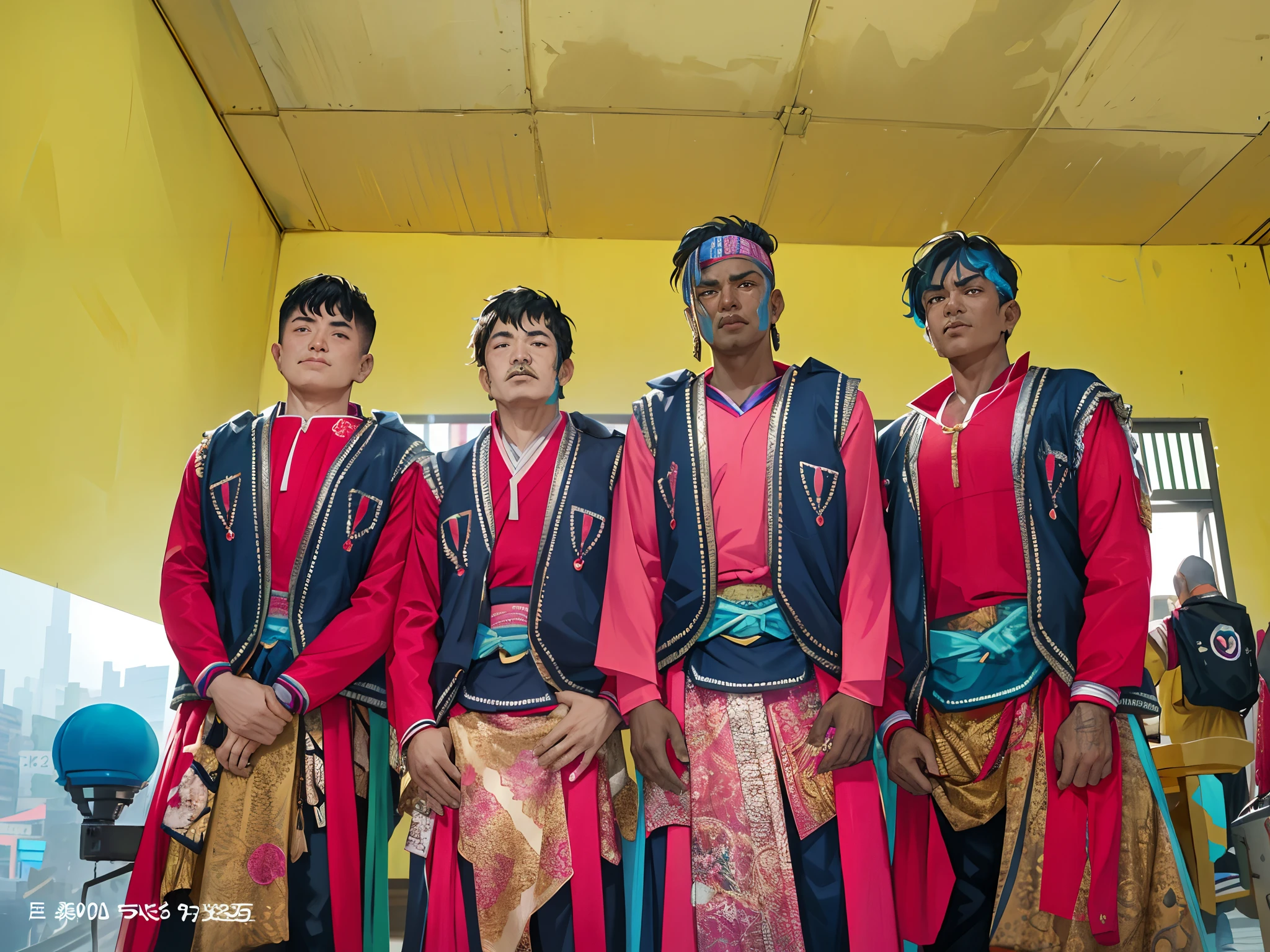 several men in colorful clothing standing in cyber punk city, ethnic group, wearing authentic attire, shot on canon eos r5, shot on canon eos r 5, wearing traditional garb, shot on nikon z9, portrait shot, traditional clothes, edited, colorful uniforms, traditional dress, traditional clothing, taken in 2 0 2 0