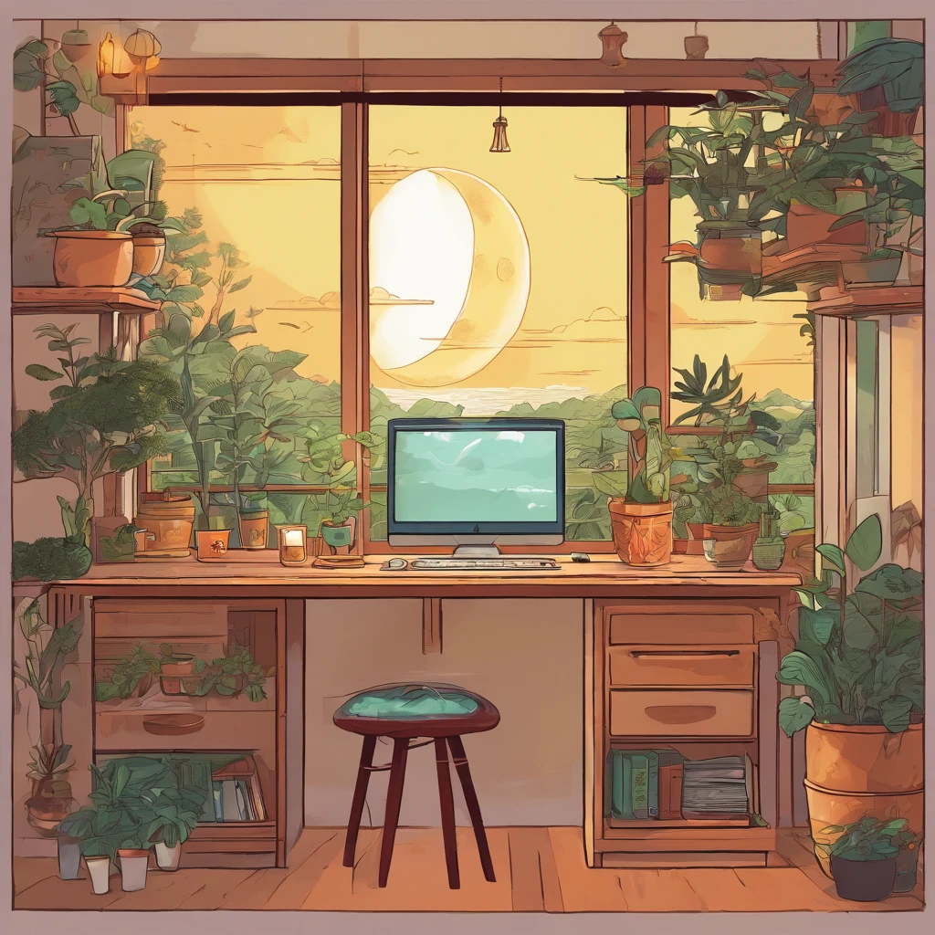 Song dynasty home aesthetics,desks,catss,Computer,big window,lots of plants,There is a moon at night