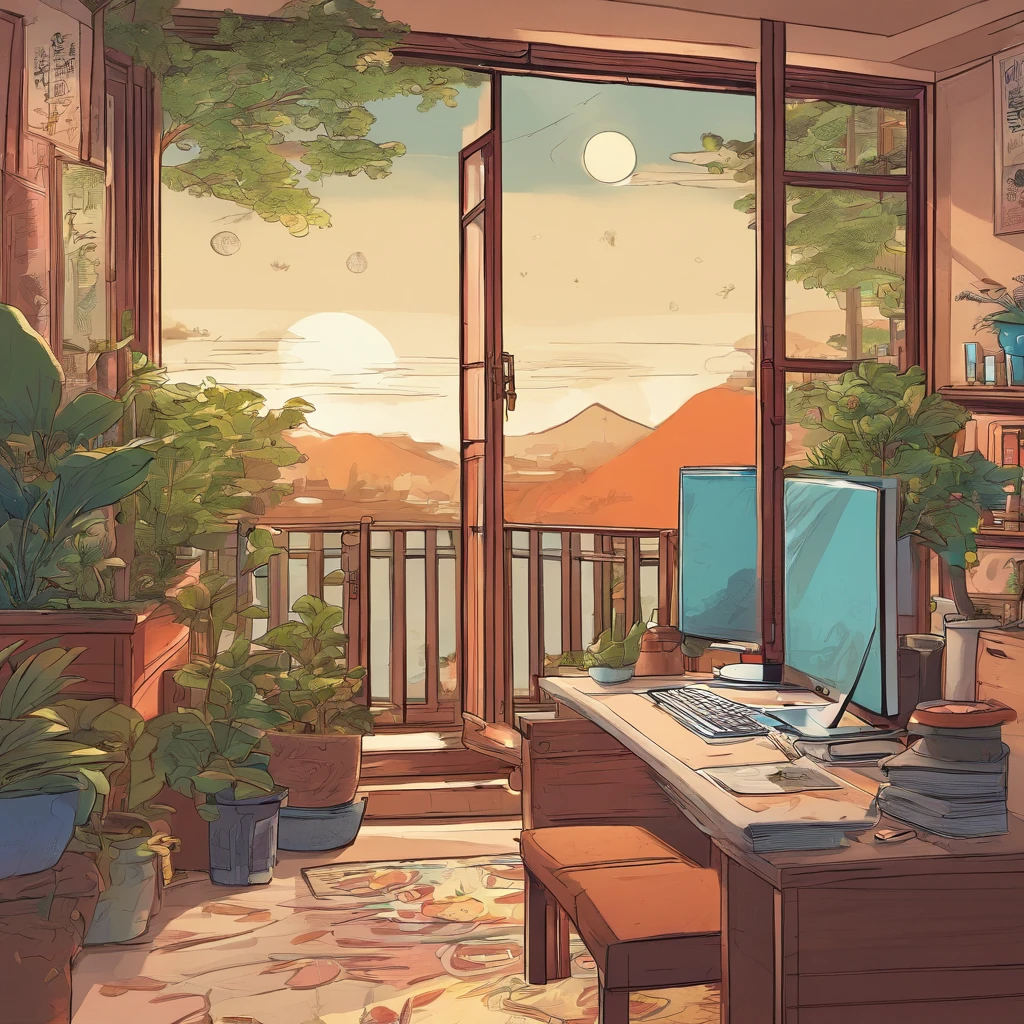 Song dynasty home aesthetics,desks,catss,Computer,big window,lots of plants,There is a moon at night