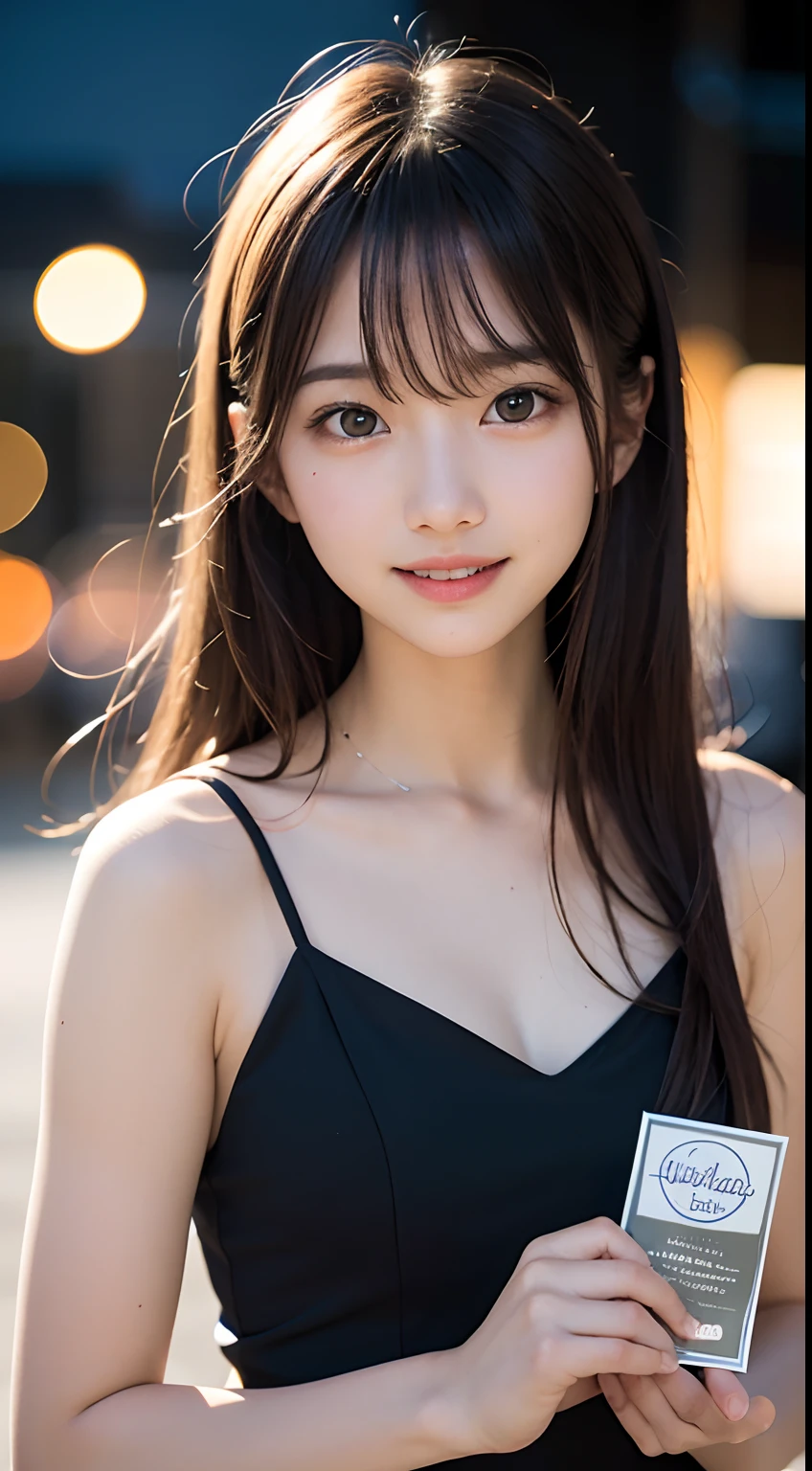 masutepiece, Best Quality, 8K, , Teen, Raw ph absurderes, award winning portrait, Smile, Smile, Solo, Night, neons, Idol face, violaceaess, gardeniass, Delicate girl, Upper body, Digital SLR, Looking at Viewer, Candid, Sophisticated, zora々Right, Thin arms, Professional Lighting, Film grain, chromatic abberation, (Eyes and faces with detailed:1.0), (Bokeh:1.1)