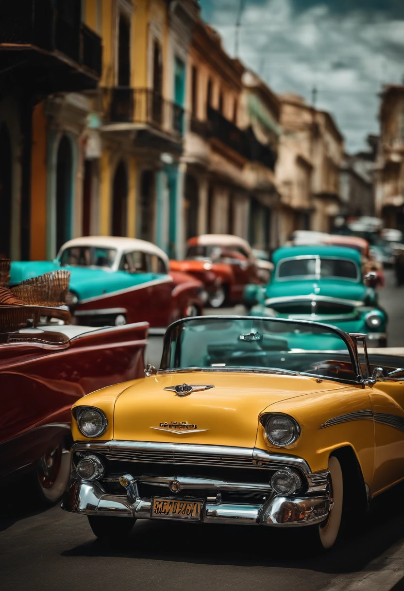 Several old cars are parked on the side of the street, una foto coloreada por Mario Dubsky, Tendencias en Pixabay, Fotorrealismo, classic cars, Coches antiguos, Hotrods conduciendo por una calle, Color vibrante y vivo, Entorno cubano, Detalles y colores vivos, High nostalgic saturation, classic car, color vintage, colores vibrantes, 5 hotrods conduciendo por una calle