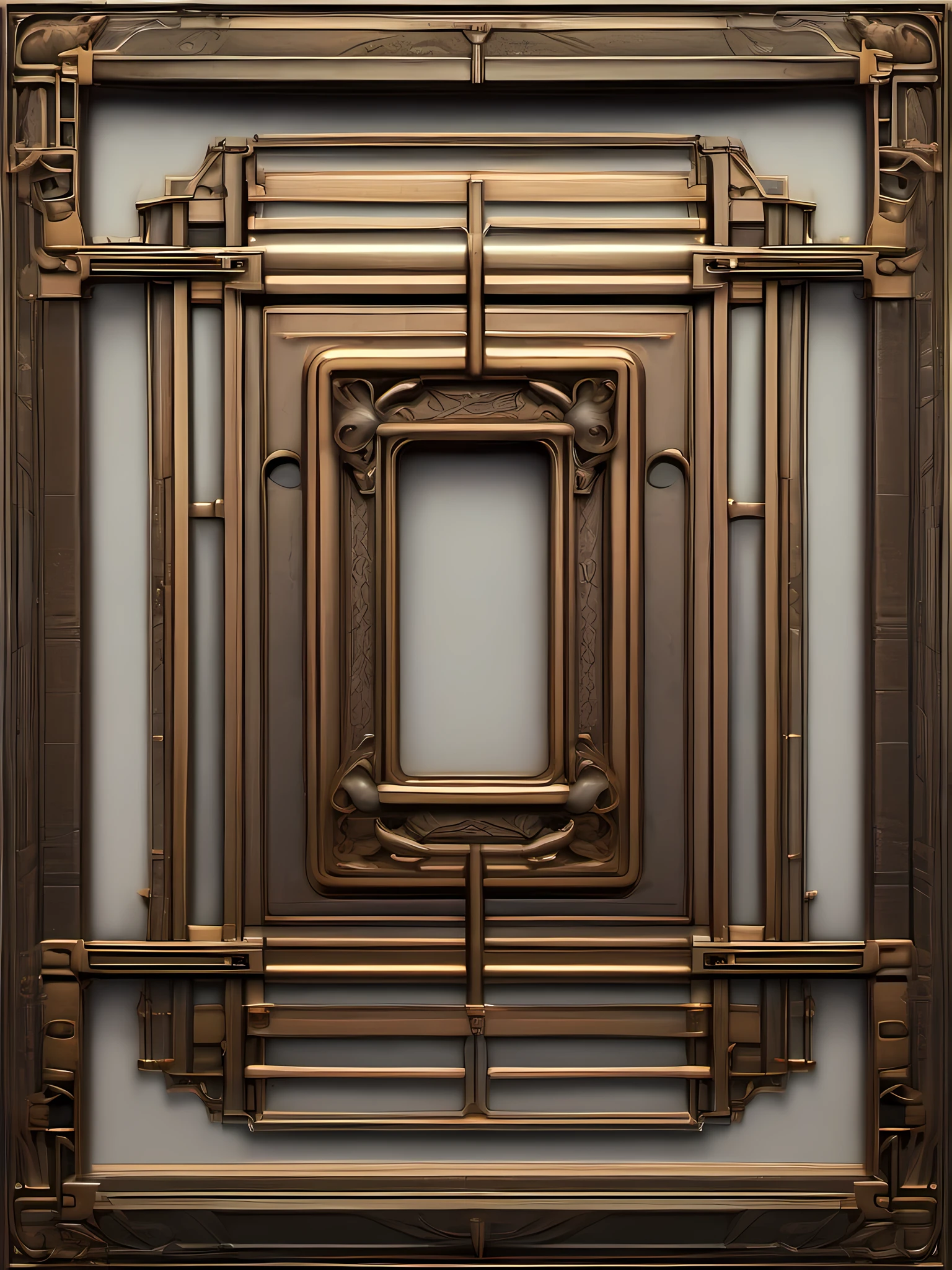 An empty bronze frame with a rectangular gap in the center of the picture with narrow edges in the Art Nouveau style, steampunc