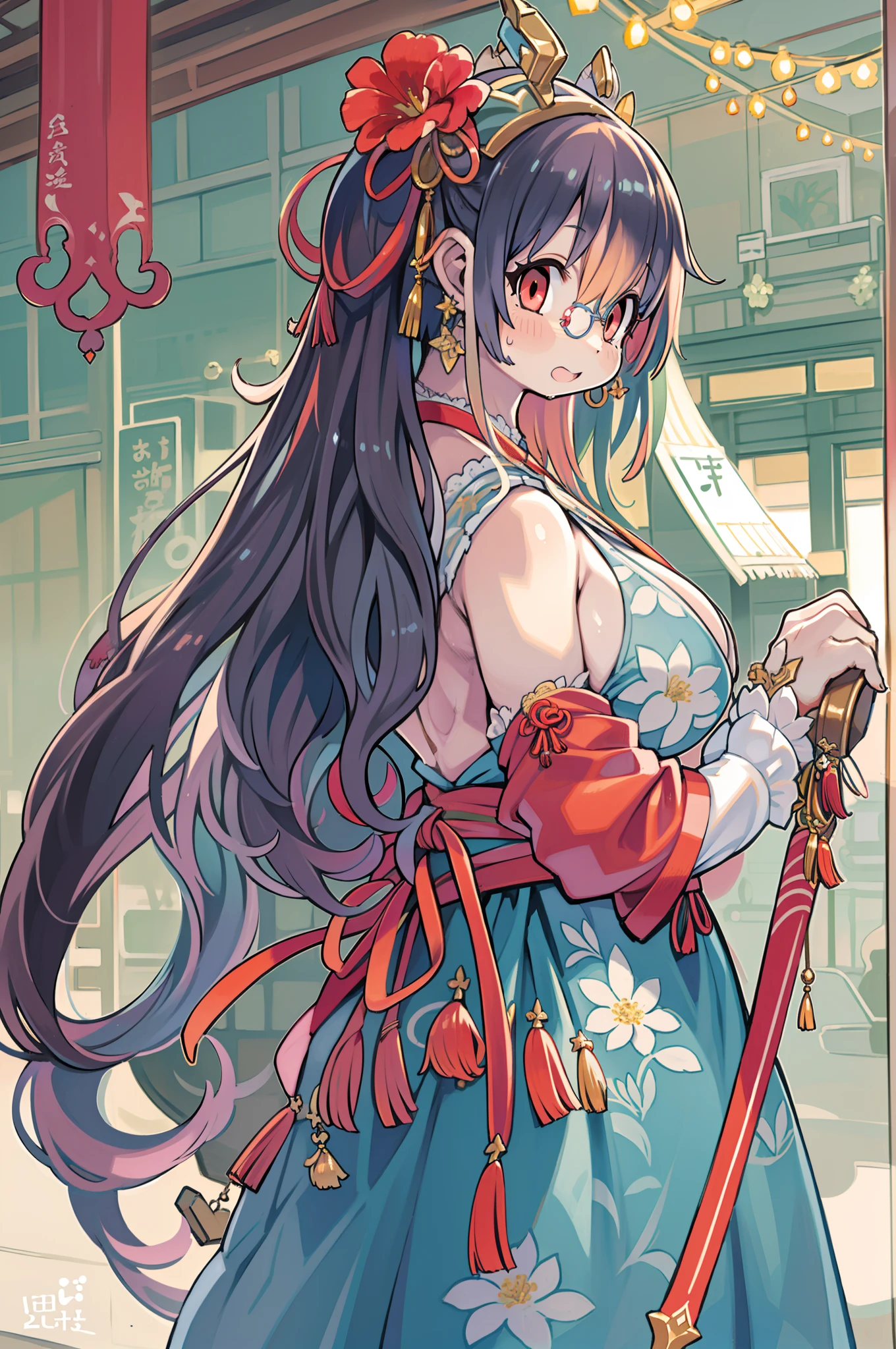 Best Quality, masutepiece, ultra-detailhigh-resolution, (Realistic: 1.4), Watercolor style, Illustration, Dazzling background color,, 1 girl with a weapon, (solo exhibition: 1.2), (denim lens: 1.2), (Hair crown: 1.2), Traditional Chinese Dunhuang costume, no strap, (Red Eyeliner: 1.2), (: 1.4), earrings, Dynamic Angle, Opera House, Messy_long_hair, inky, movie lights, lens_f lare, velvet, chrysanthemums, tassels, bow ribbon, Color embroidery,
