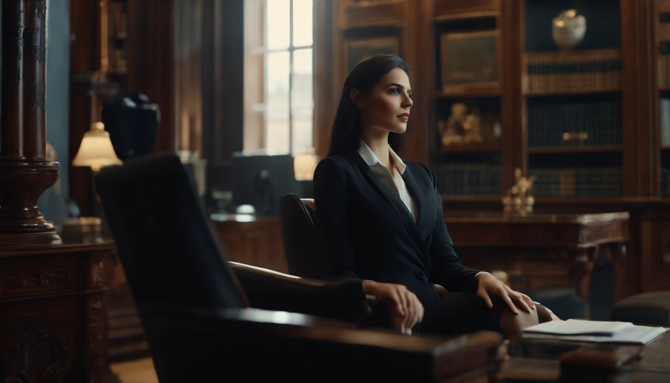 A handsome woman, She has long black shawl hair, Wear a decent suit, Sit in a gorgeous office, Surrealism, high detail, cinematic lighting, panorama, UHD