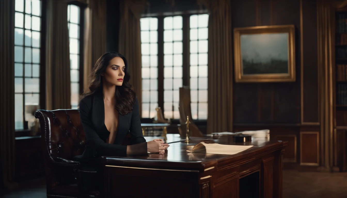 A handsome woman, She has long black shawl hair, Wear a decent suit, Sit in a gorgeous office, Surrealism, high detail, cinematic lighting, panorama, UHD