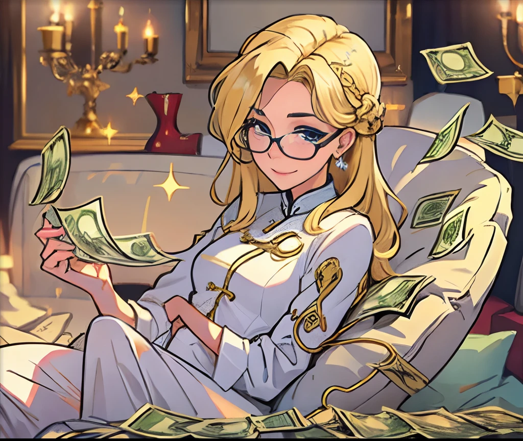 (A young woman with long blonde hair in a white suit sits on a bedroom couch counting money,Wears gold wire-rimmed glasses:1.5)
(chineseidol:1.8)
(Upper body display:1.8)
(A sinister smile appeared on his face,looks into camera:1.8)
(Wears gold wire-rimmed glasses:1.8)
(Kizi,solo person:1.7)
(Exquisite makeup,Luxurious dresses:1.9)
(A masterpiece、tmasterpiece:1.5)