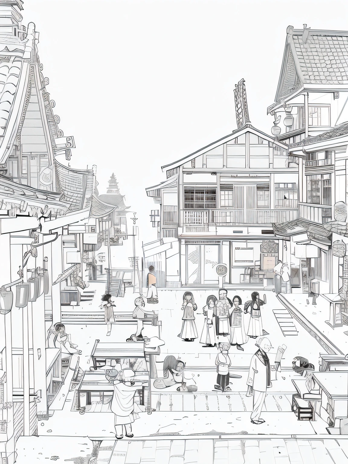 A busy city street scene with people walking and sitting on benches, characterized by clean and detailed ink line art, inspired by the works of Shunkosai Hokushu, featuring a Japanese neighborhood with traditional buildings and streets. The artwork should capture the essence of a vibrant and bustling atmosphere, with intricate and captivating line work. The focus should be on the people, their unique appearances, expressions, and gestures, as well as the overall architecture and layout of the Japanese village. The artwork should embrace the beauty of simplicity while still capturing the intricate details found in the traditional line artwork. The color palette should reflect the vibrant and lively nature of the cityscape, with bold and contrasting colors used to emphasize the different elements. The lighting should create a sense of depth and atmosphere, highlighting certain areas and casting shadows to add dimension to the scene. The overall quality of the image should be high, with ultra-fine detailing, realistic rendering, and vivid colors to create a visually stunning masterpiece.