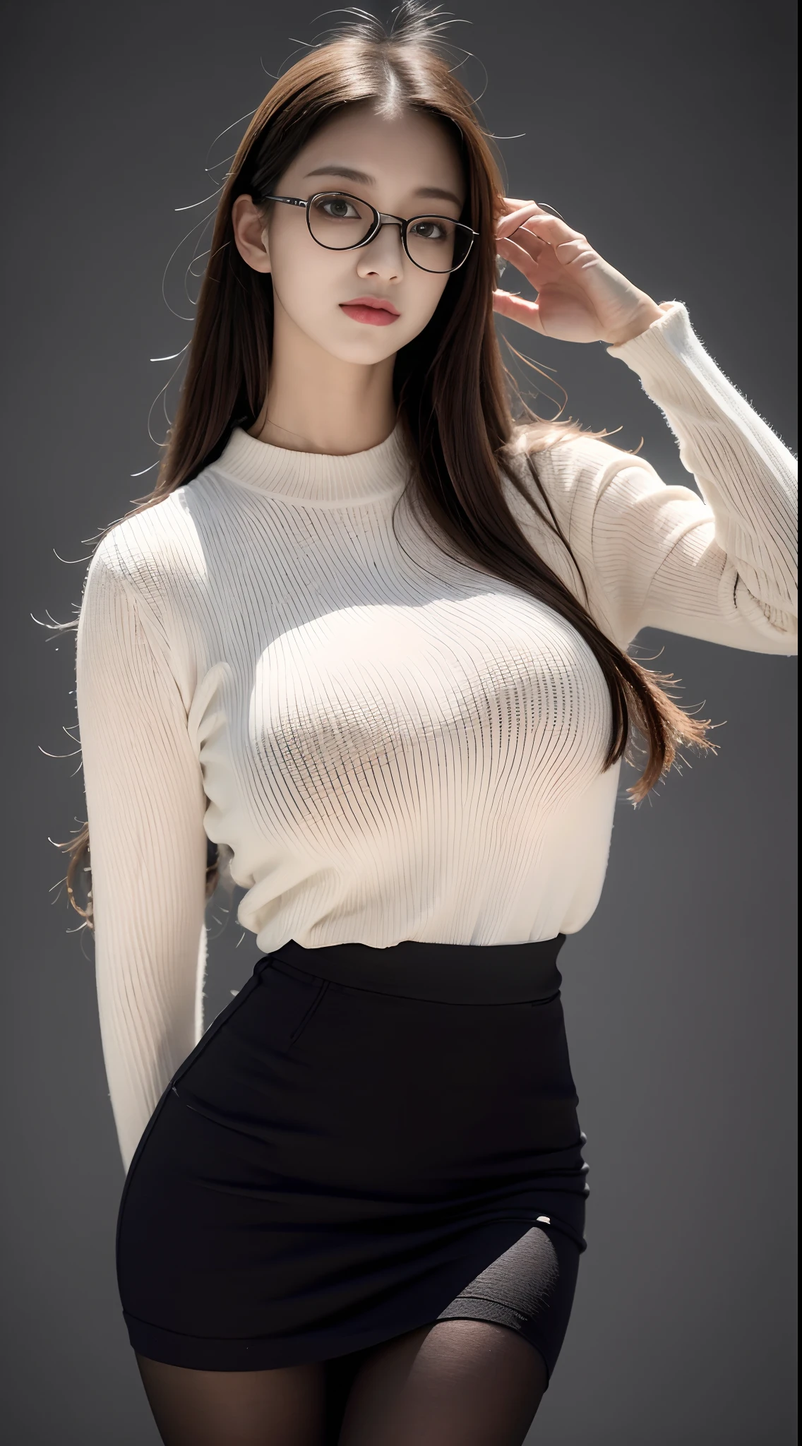 ulzang-6500-v1.1, (RAW photo:1.2), (Photorealistic:1.4), Beautiful detailed girl, Very detailed eyes and face, Beautiful detailed eyes, ridiculous, Incredibly Ridiculous res, hugefilesize, Super detailed, high resolution, Very detailed, Best quality, Masterpiece, ((fashion clothing with diverse colors)), illustration, Very detailed, CG, unified, 8K wallpaper, Amazing, finedetail, Masterpiece ,Best quality, Very detailed CG uniform 8k wallpaper, light in face, Movie lighting, 1girll, , Long white hair, side splits, (Big breasts), ()), (Glasses), ((Dynamic pose))), ((Sexy pose))), (camel-toe), (Half), (Pantyhose)), ((Black hip skirt))
