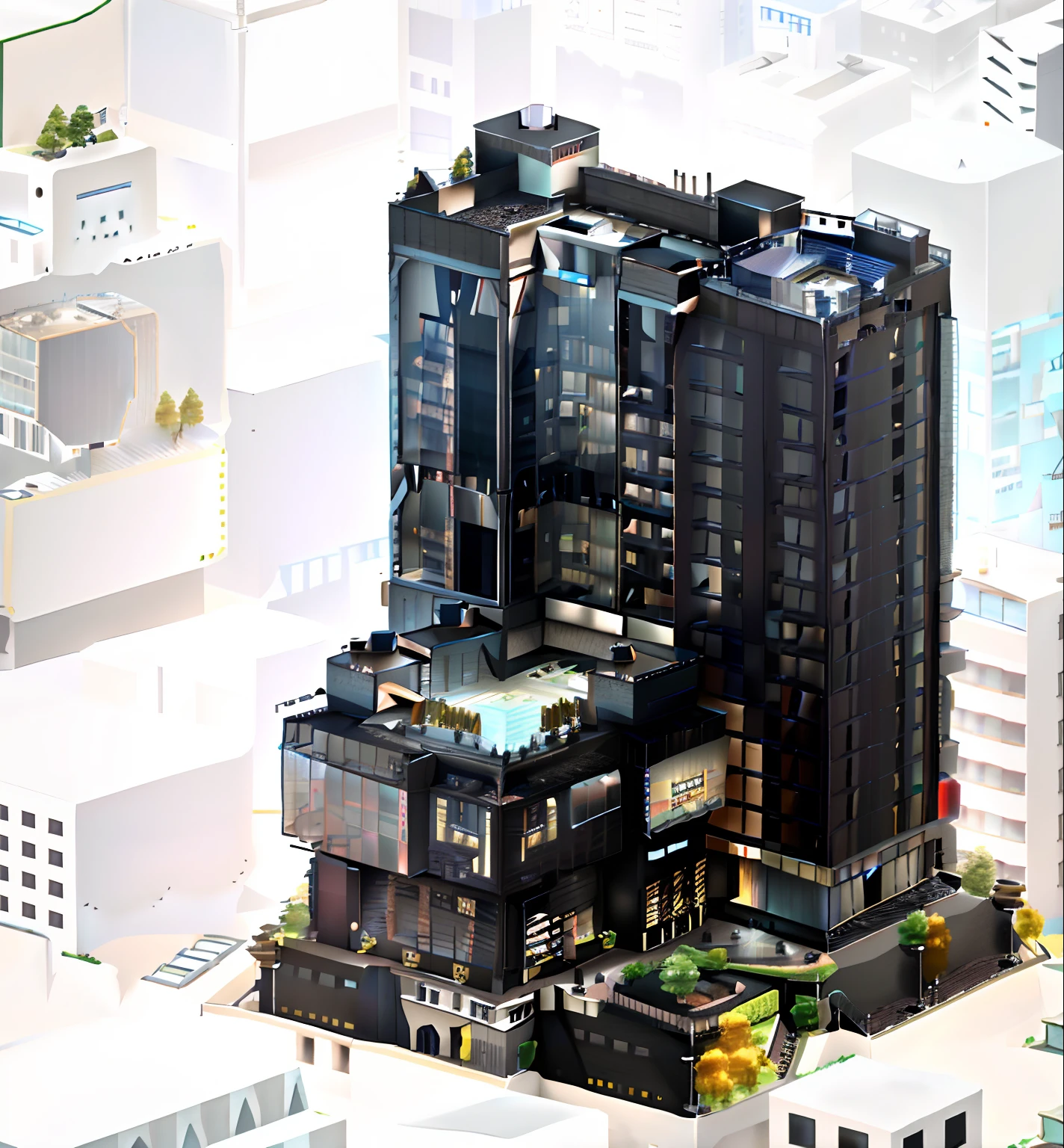 a rendering of a tall building with a lot of windows, multistory building, an extremely detailed building, full building, Extremely high level of detail, building facing, digital model, 3 d structure, Single building, highly detailed model, isometric view from behind, isometric perspective view, mid view, bw 3 d render, hq very detailed, complete model