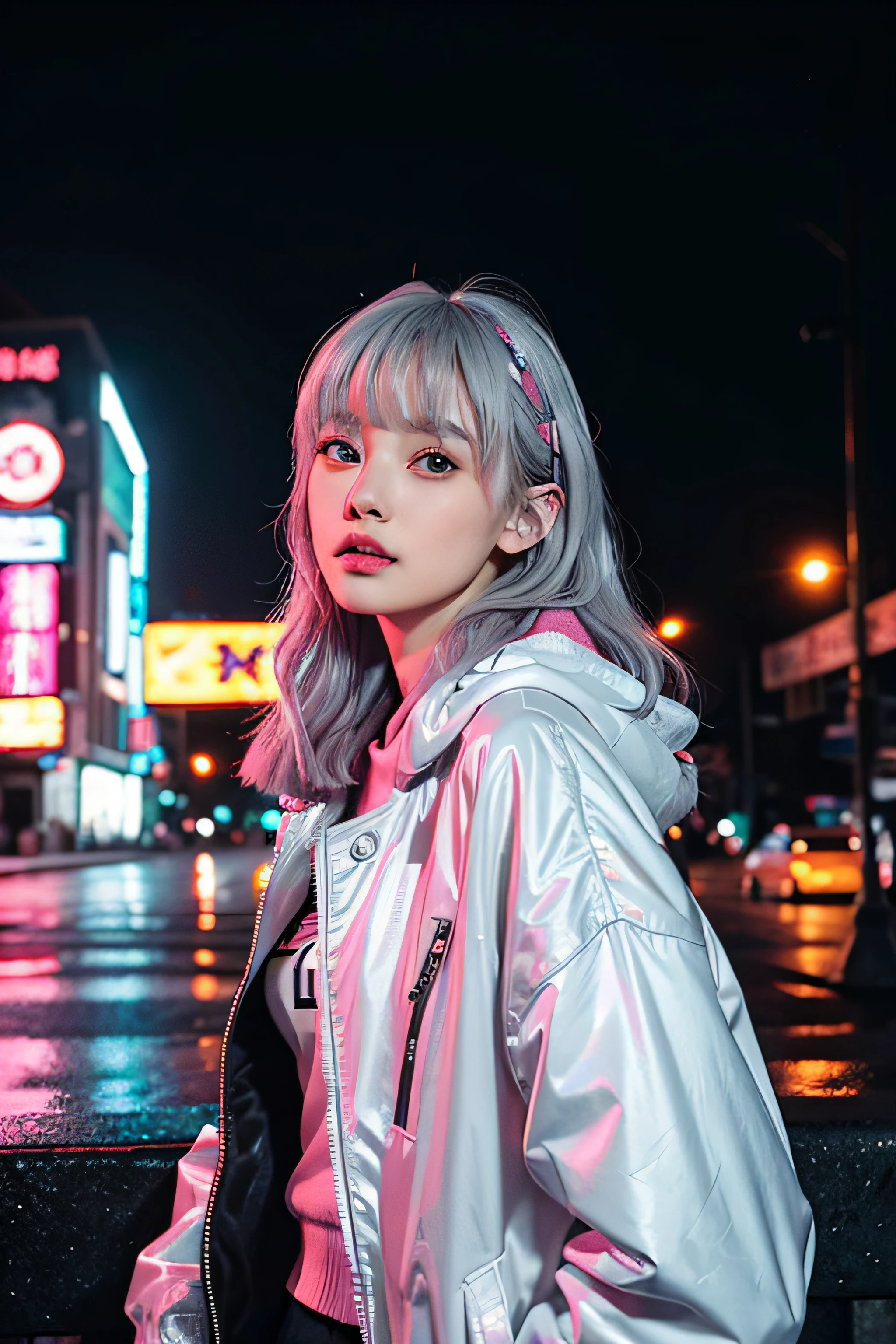 ucy \(cyberpunk\), 1girl, hair scrunchie, hime cut, silver hair, colored tips, full moon, grey eyes, jacket, long sleeves, looking at viewer, medium hair, multicolored hair, parted bangs, parted lips, pink hair, portrait, red eyeliner, red lips, solo, white jacket, cyberpunk \(series\), rainy night in a cyberpunk city with glowing neon lights, no background