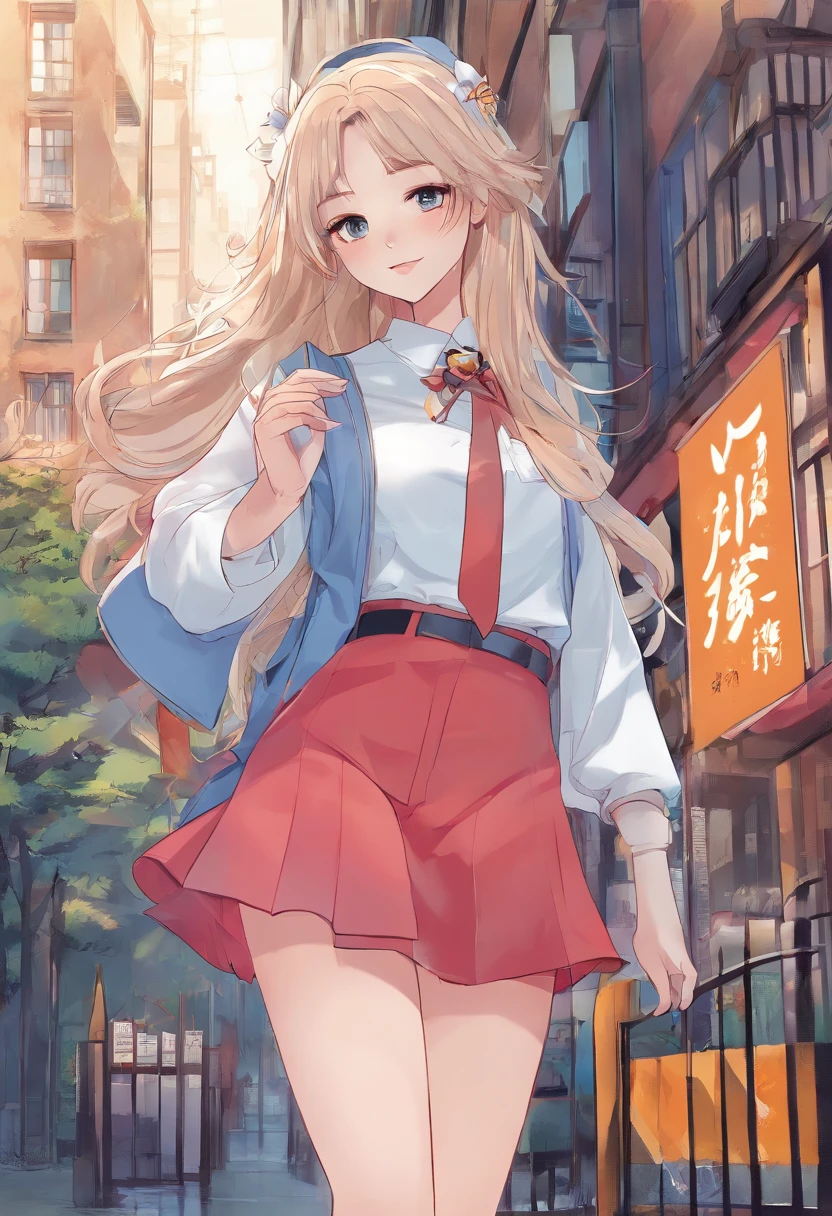 8k wallpaper，best qualtiy，独奏，in a panoramic view，a 18 year old girl，Height above 170cm，Slim，A long white color emanates out，pale blue color eyes ，Exquisite facial features，cat ear，C cup，Slender slender legs，small-sized buttocks，Wear a Japanese school uniform， （white stockings），There are stockings，high-heels，On the street。