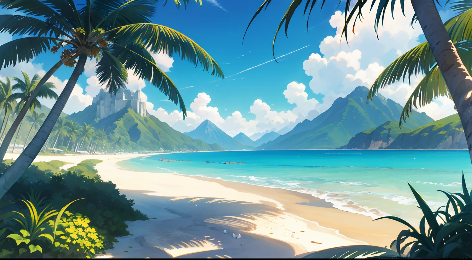 On the sandy beach overgrown with coconut trees, with mountain peaks in the distance, seaside, (super many shells: 1.5), rich in color, high saturation, cinematic lighting, beautiful, vivid, sunny, anime movie stills, Ghibli style, --v 6