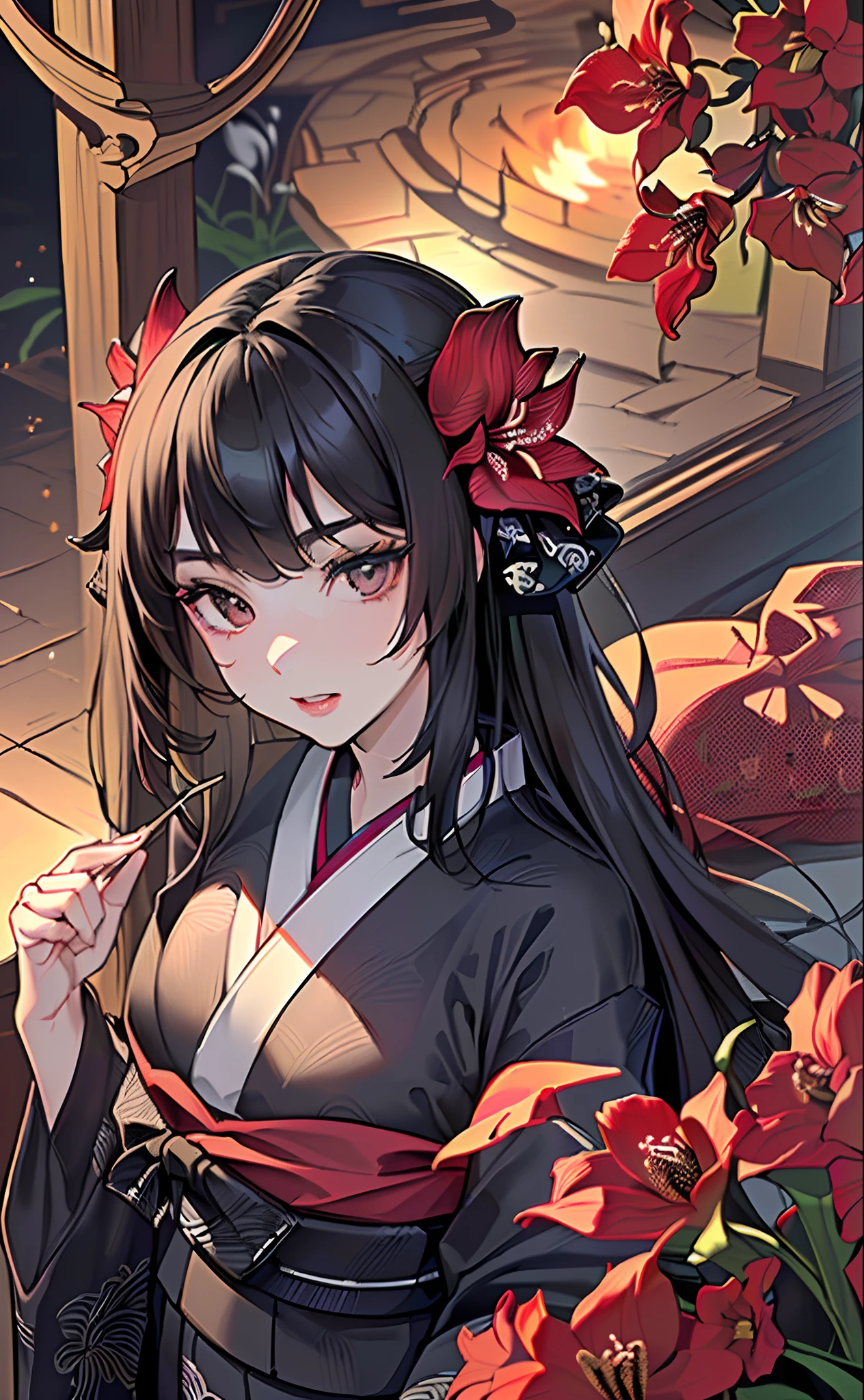 （realisticlying：1.3）， tmasterpiece， best qualtiy， （complexdetails：1.2）， （scenecy：1.3）， beauitful face， （Black Themes：1.3），（（（1girll，Girl in patterned kimono，oni horn，amaryllis