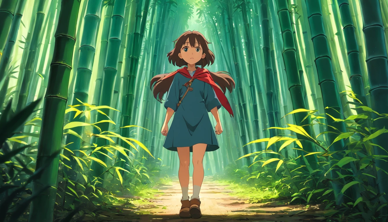 strong abandoned girl protagonist, dirt on face, dark and evil clothing, in a t-pose, full body in frame, in a bamboo forest looking up