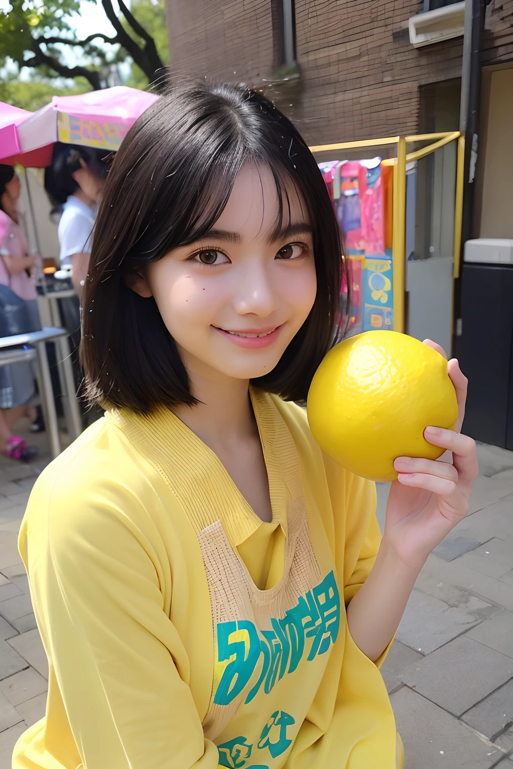 (extra detailed body、extra detailed face、best qualtiy:1.2)、femele、looking at the viewers、(A dark-haired、a smile、15yo student、Psychedelic clothing、accessorized)、(Lemon on the background)