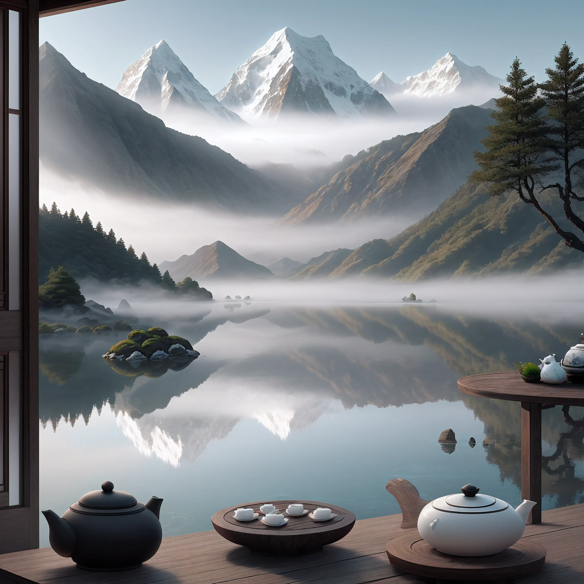 A small lake surrounded by fog with mountain peaks visible in the distance. There is a Chinese gazebo in the center of the lake. It has a table and two seating cushions. On the table is a Weiqa board, the stones of which are made of black and white jade, as well as a couple of cups of tea.