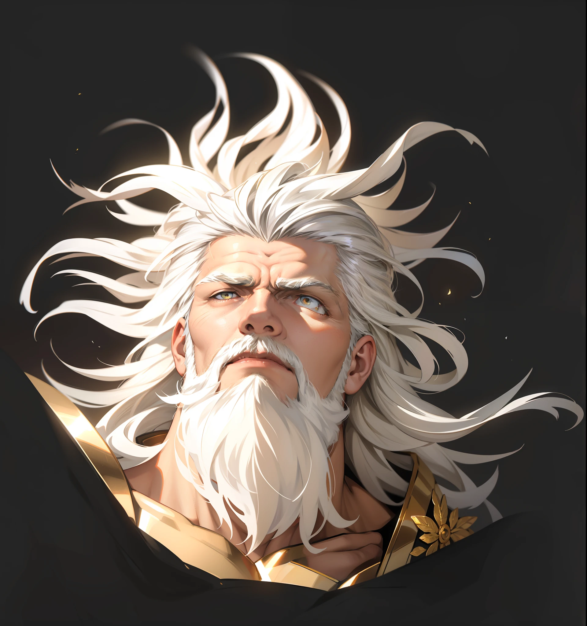 greek myth,GODKING,Zeus,The old man of the divinity,Great,Majestic face,Raise your head,Golden eyes,bronze skin,Gray hair fluttering,whaite hair,Shirasu,white eyebrow,A golden olive branch is worn on his head