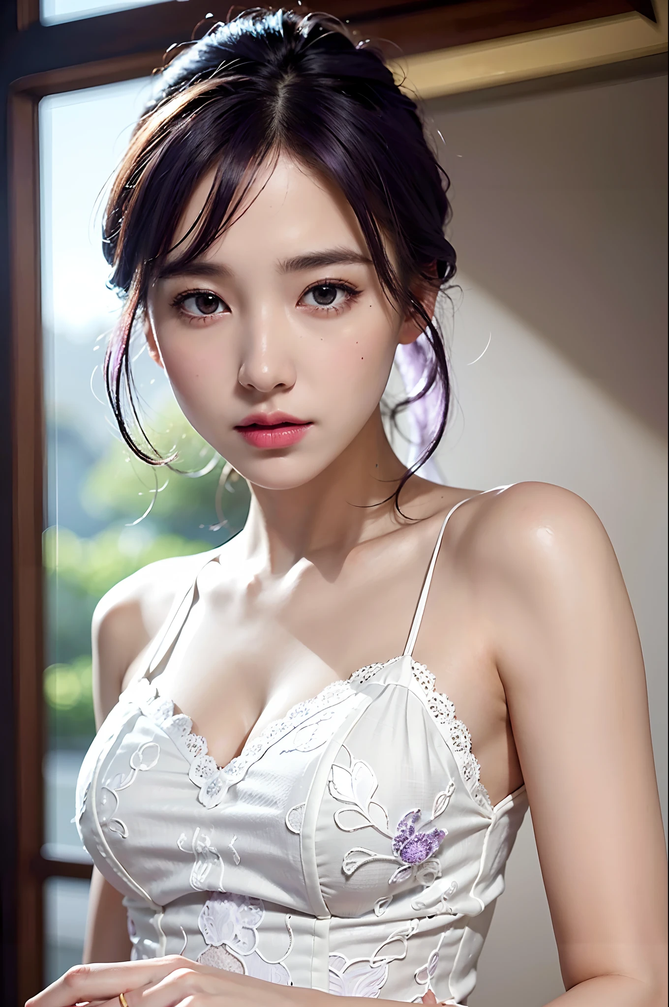 RAW photo, extremely delicate and beautiful, masterpiece, Best Quality, ultra high resolution, 16k, hyperrealistic, ultra-detailed, Very detailed CG 8k wallpaper, Beautiful Lighting, Perfect Lightning, Realistic Shadows, perfect anatomy, super Detailed shiny skin, perfect figure, Japanese woman, late 20s, very Slim body, narrow waist, very small head, handsome detailed woman, very detailed eyes and face, realistic face proportions, Stunning detailed eyes, Realistic beautiful face, very small face, Realistic small beautiful eyes, double eyelids, makeup, tearful mole, mole on chest, earring, (((very huge round breasts))), ((((full body shot)))), (short hair), wavy hair, ((wedding dress)),