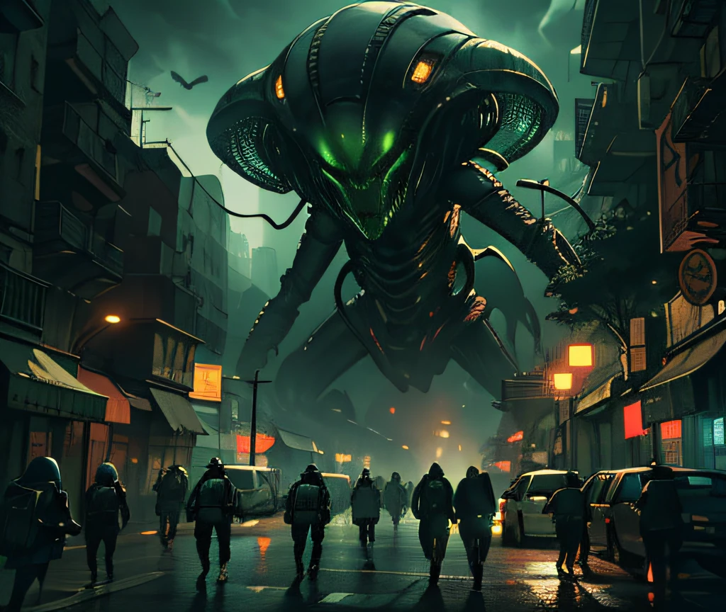 "Creepy scene of intense alien invasion，The atmosphere is dark, Dramatic lighting, and drastic action. Demonstrate powerful alien creatures, Advanced technology, ruined cityscapes, Panicked civilians, and a sense of imminent danger. Generate disturbingly immersive images，Capture the chaos and horror of the otherworldly invasion."