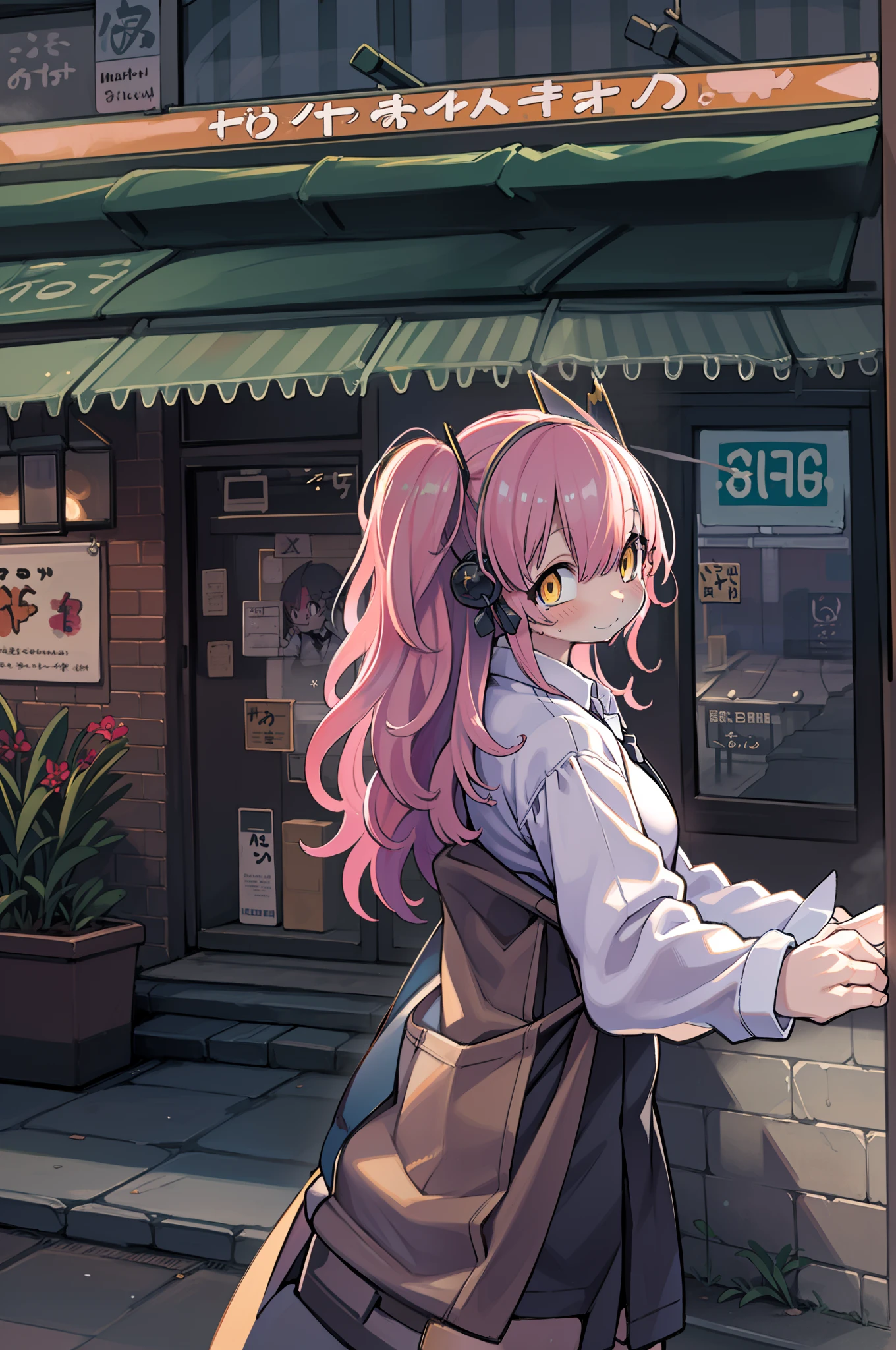 1girl in, Long pink hair, red horns, White collared shirt, black necktie, lightsmile, Yellow eyes, corneo_power,, Buildings,Shops,town streets, dark sky, Scenery,neon signs,nightcity, Japanese lyrics,, , absurderes, Detailed eyes, Extremely detailed, Volumetric lighting, Realistic, Realistic lighting, 8K, Cinematic lighting, depth of fields, Perfect, ultra-detailliert, Photorealistic, A hyper-realistic, Realistic light, Hard lighting, Intricate details, stop motion, tonemapping, Sharp Focus, Hyper Detailed,