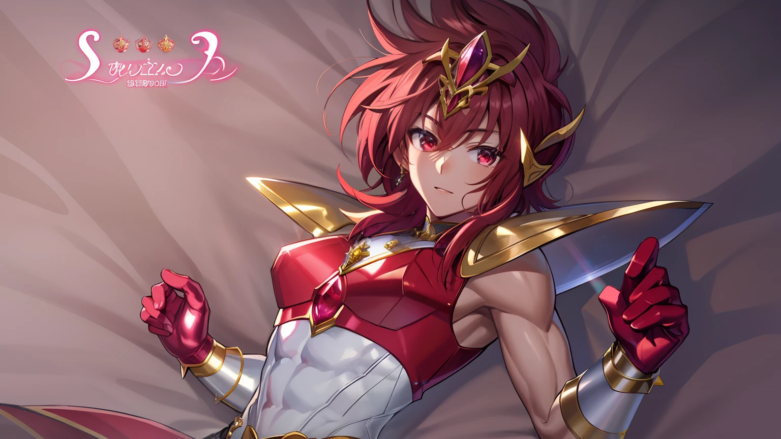 Close-up of man in dress costume holding sword, Knight of Zodiac Boy, Portrait Knight of Zodiac Boy, Boy with short red hair, Boy with brown eyes, Muscular men, masculine and muscular, Shining ruby armor, Enchanting Prince Night, Dressed in light armor, Dress Armor Boy, Shiny ruby armor, Galactic Prince, Crystal Ruby Armor, Hymns to the King as a Prince, High quality anime art style, smooth anime cg art, Prince Knight, digital manga art, Magical Boy Anime Mahou Shōnen, Prince of Ruby, Ruby reflective armor