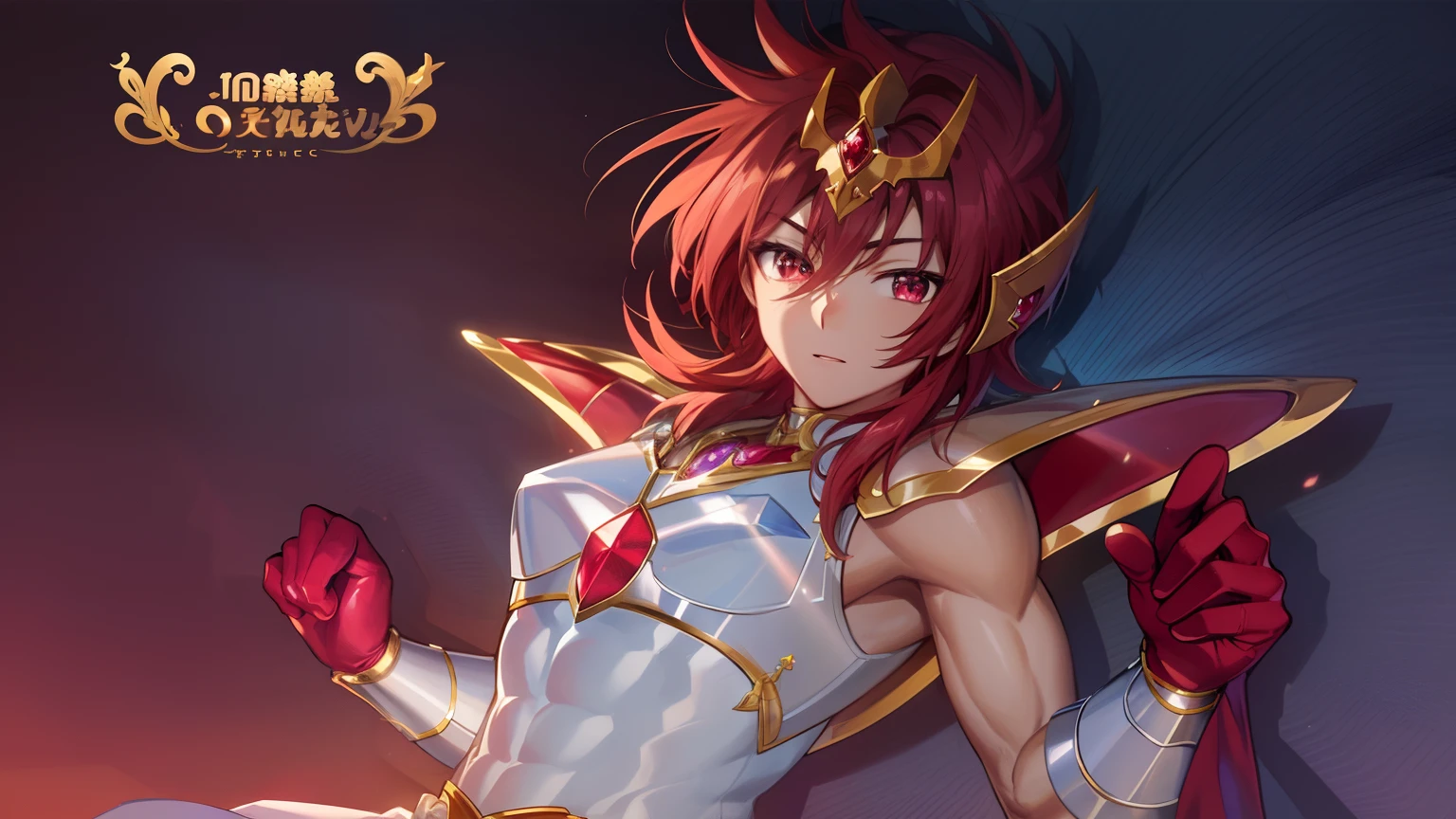 Close-up of man in dress costume holding sword, Knight of Zodiac Boy, Portrait Knight of Zodiac Boy, Boy with short red hair, Boy with brown eyes, Muscular men, masculine and muscular, Shining ruby armor, Enchanting Prince Night, Dressed in light armor, Dress Armor Boy, Shiny ruby armor, Galactic Prince, Crystal Ruby Armor, Hymns to the King as a Prince, High quality anime art style, smooth anime cg art, Prince Knight, digital manga art, Magical Boy Anime Mahou Shōnen, Prince of Ruby, Ruby reflective armor