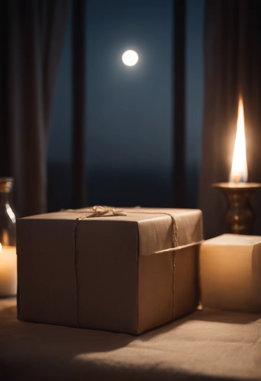 A box is placed on the table, The box is covered with a block of cloth, under moonlight