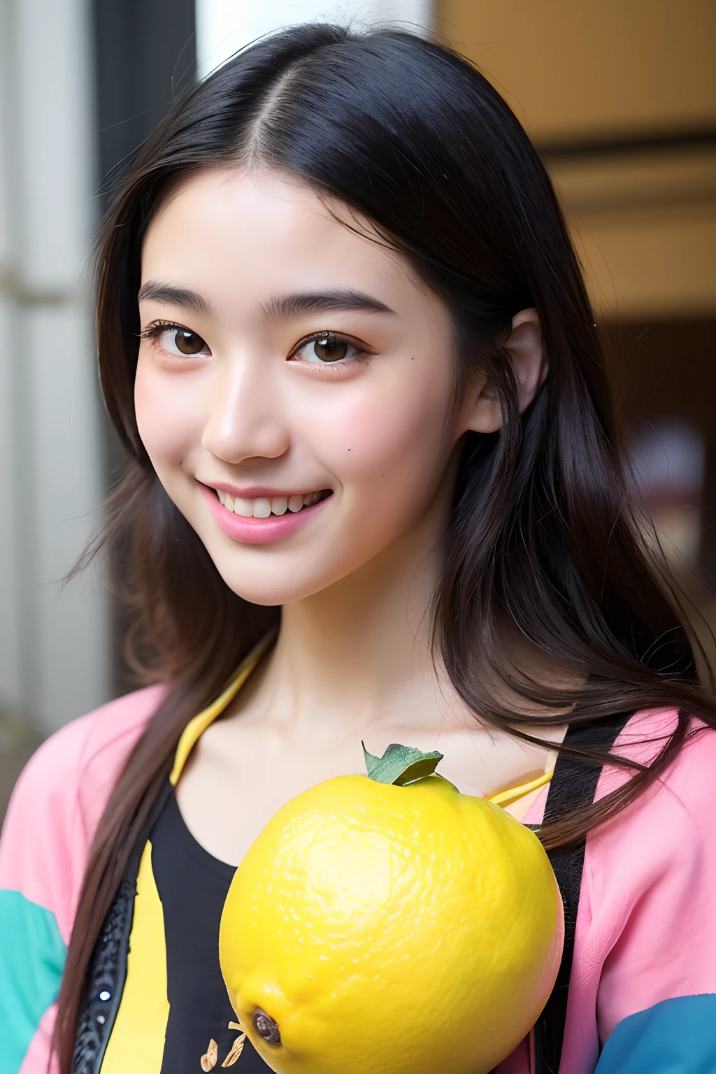 (extra detailed body、extra detailed face、best qualtiy:1.2)、femele、looking at the viewers、(A dark-haired、a smile、、Psychedelic clothing、accessorized)、(Lemon on the background)