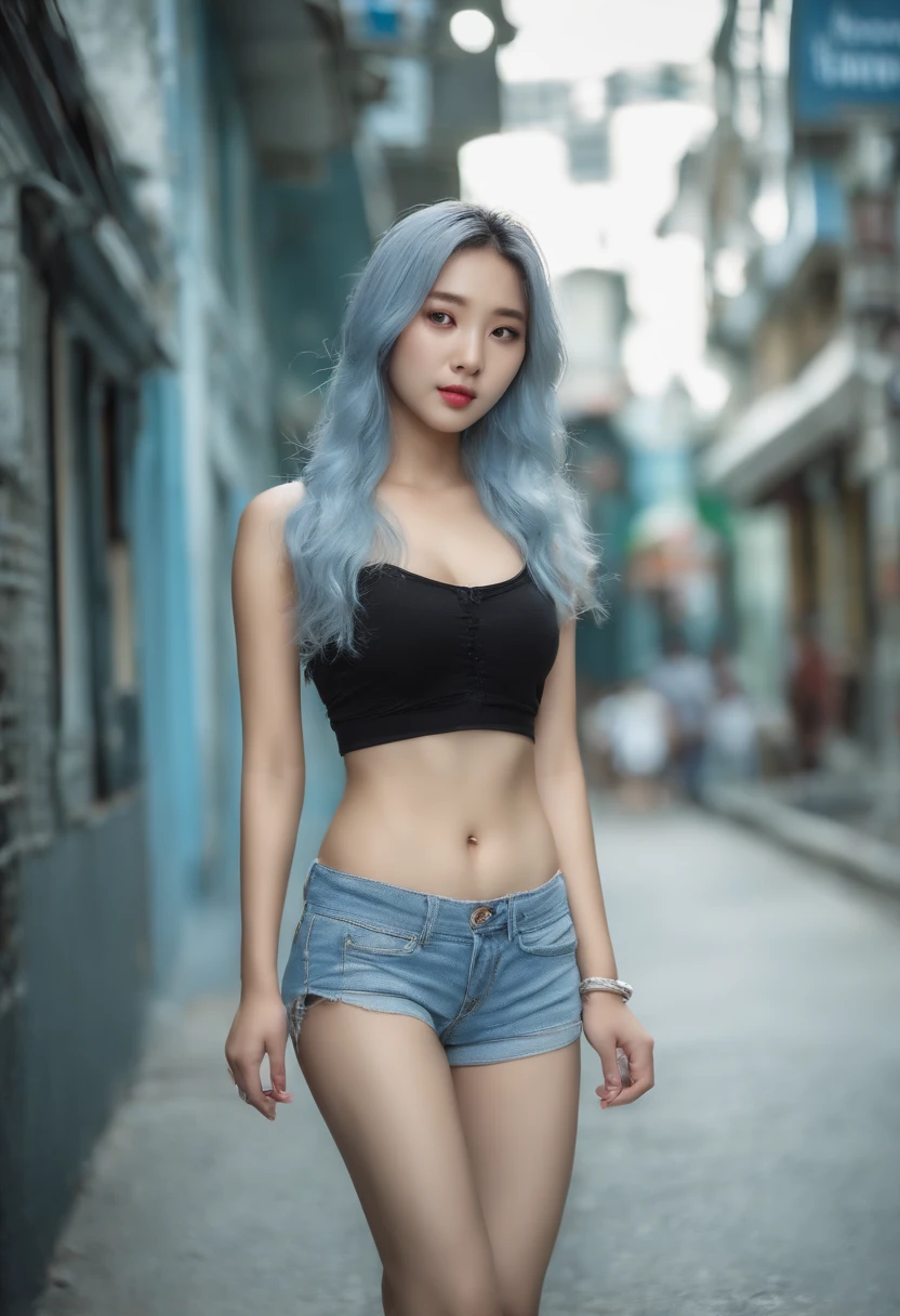 full body, kim chaewon in a bikini, yo, 15orean petite young girl in a dark city street, dark creepy street, petite girl, small breast, petite figure, long light blue hair, ripped tight crop top shirt that expose midriff, ripped tight white shorts, midriff exposed, small tits, ((thin-waist)), a small face, ssex, huge breast