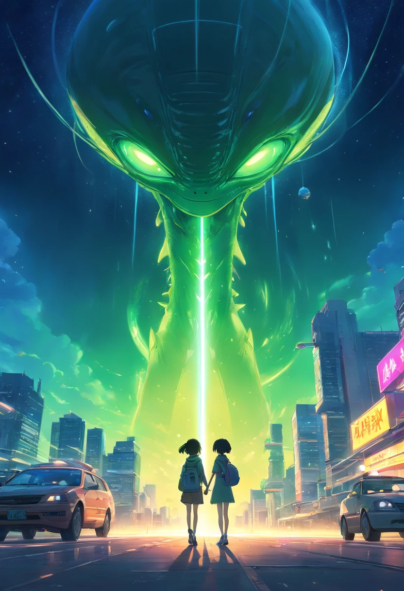 Alien invasion, Best quality, Masterpiece, (Realistic:1.2), (Masterpiece:1.2, Best quality), (Extremely detailed Cg Unity 8K wallpaper, Masterpiece, Best quality, Ultra-detailed, Best shadow), (Detailed background), High contrast, (Best illumination, An extremely delicate and beautiful), Dynamic Angle, Beautiful, detailed glow,
