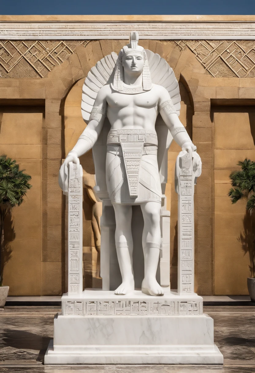 white marble statue of fit man with the style of the Egyptian worrier in the pyramids. cinematic.