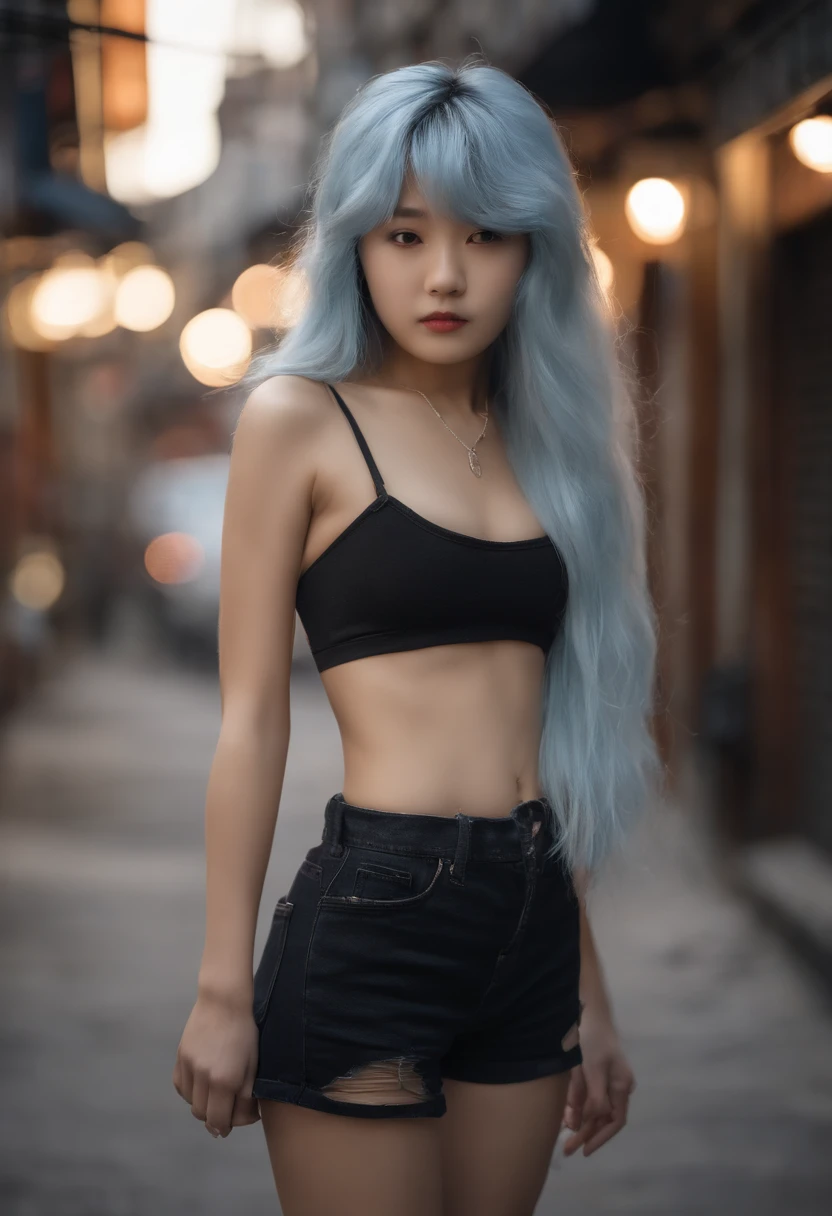 full body, nude, 15yo, 15 years old korean petite young girl in a dark city street, dark creepy street, petite girl,, petite figure, long light blue hair, ripped tight crop top shirt that expose midriff, ripped tight white shorts, midriff exposed, small tits, ((thin-waist)), a small face, ssex, huge breast, sexy