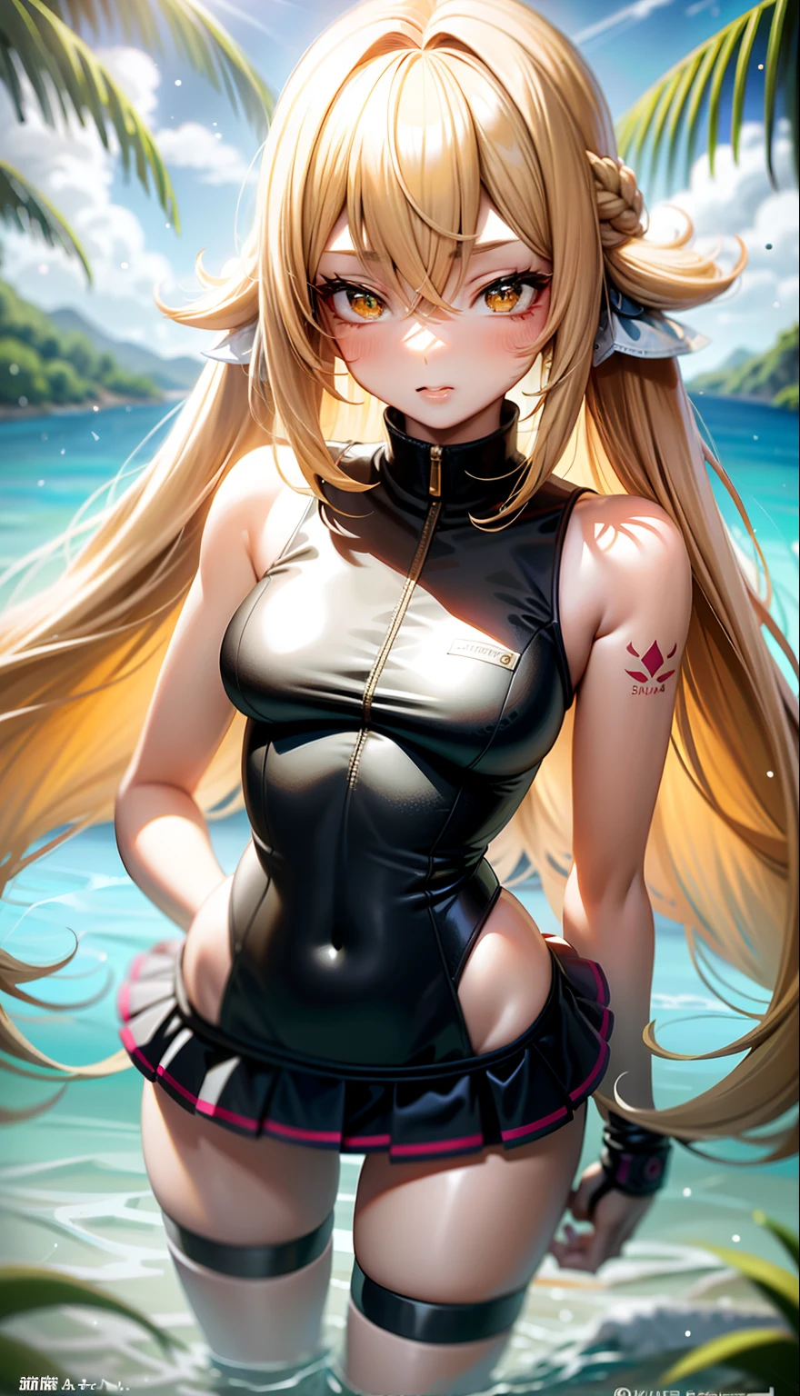 23-year-old woman, blonde hair, hair tied in a side ponytail, sensual neckline, transparent silk blouse, small breasts, pointed nipples, nipples marked on clothing, facing the viewer, ultra high definition, 4k image, character close to the camera, V-shaped panties, red panties, low-waist panties, on the shore of a lake,