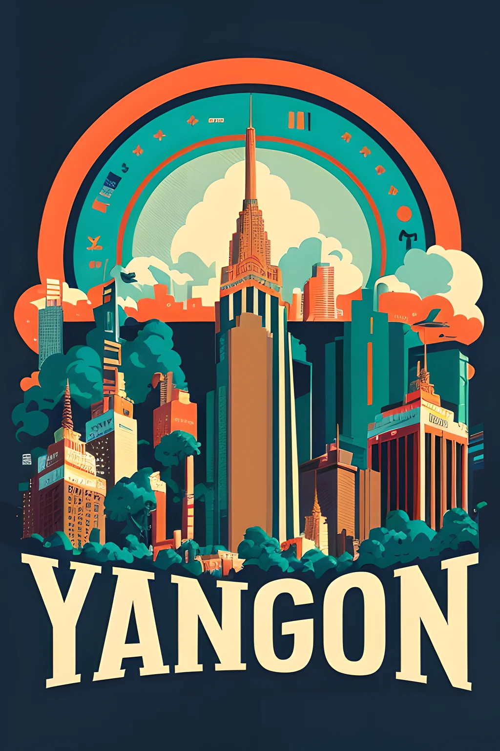 a close up of a poster with a city in the background, travel poster, vibrant tourism poster, poster illustration, illustrated poster, inspired by Tom Whalen, martin ansin, inspired by Victo Ngai, victo ngai style, tom whalen 8 k, victo ngai! cmyk palette, poster vintage, jen bartel