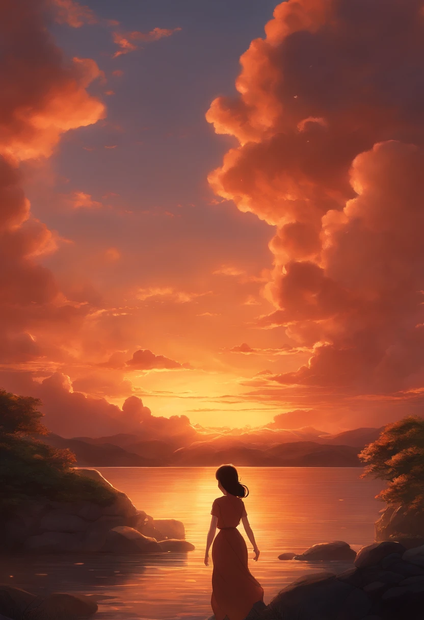 Masterpiece, Best quality, cinematic Film still from, Large clouds of fire, Float up from the middle of the frame to the sides, Close-up, Bright, cheerfulness, Warm and soft lighting, Ghibli style, anime big breast, Illustration book, Sunset, Don't be human