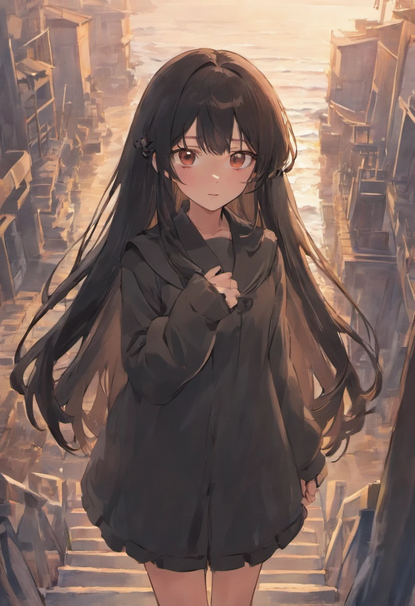Long black color hair,20-year-old girl ,with brown eye,Take a walk by the sea