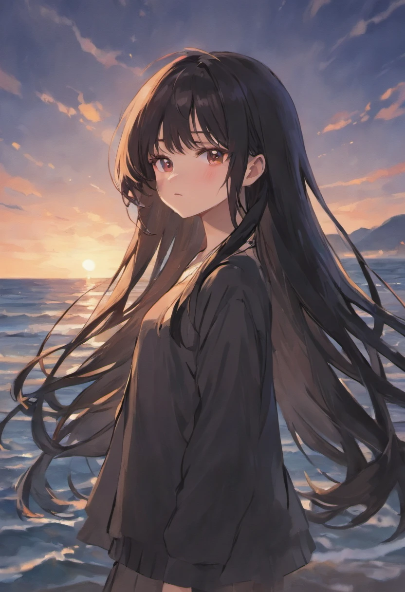 Long black color hair,20-year-old girl ,with brown eye,Take a walk by the sea