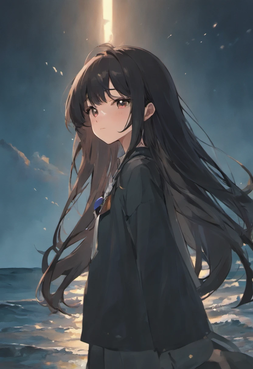 Long black color hair,20-year-old girl ,with brown eye,Take a walk by the sea