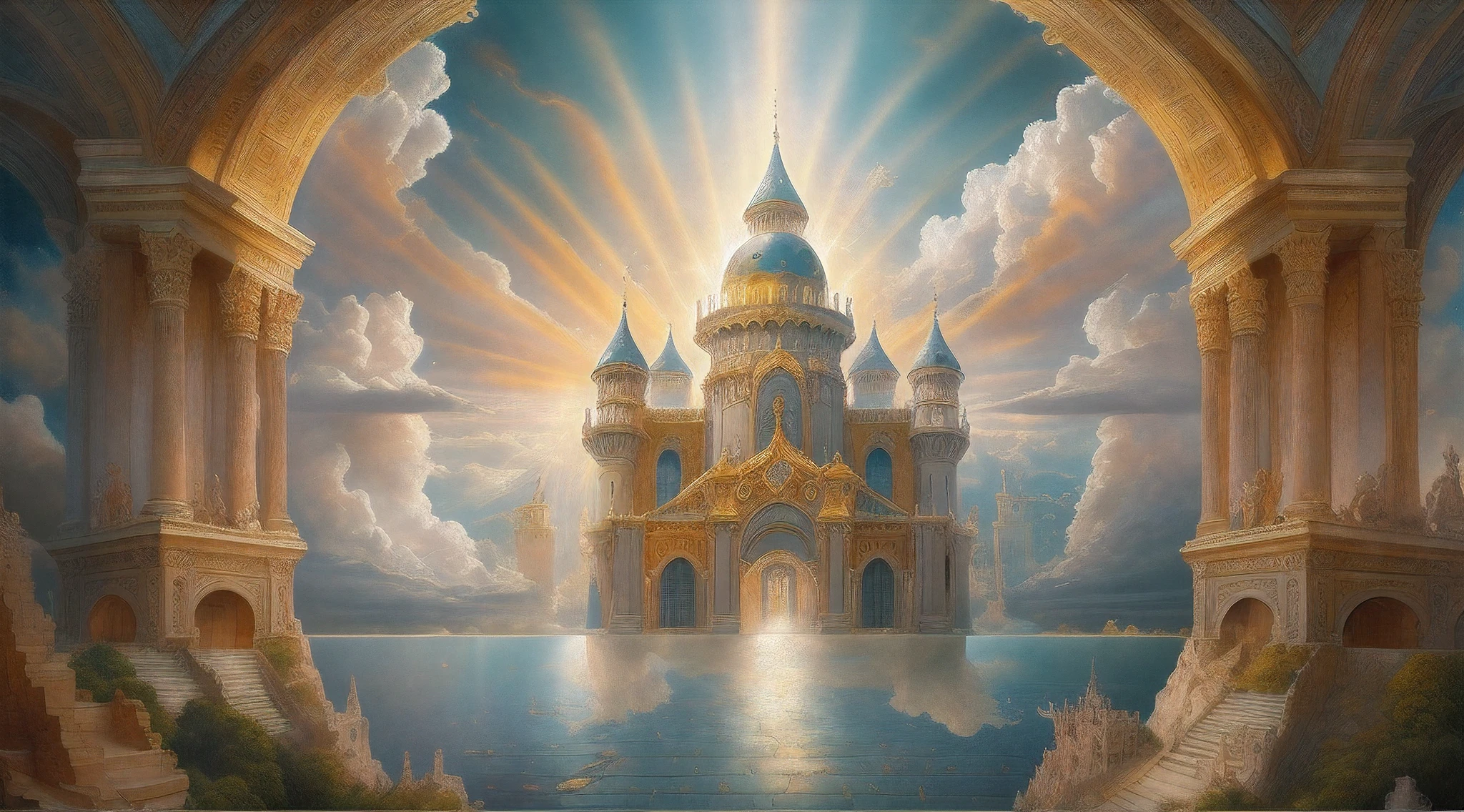a masterwork Renaissance painting of a celestial palace in heaven (best details, Masterpiece, best quality :1.5), kingdom palace in heaven, an epic palace with towers, gates, bridges, surrounded by celestial clouds (best details, Masterpiece, best quality :1.5), sun rays, divine rays, reflections of rays in the clouds, backlight, sense of divinity, touch of god, Renaissance art style, fantasy art, ultra best realistic, best details, best quality, 16k, [ultra detailed], masterpiece, best quality, (extremely detailed), ultra wide shot, photorealism, depth of field, hyper realistic painting,