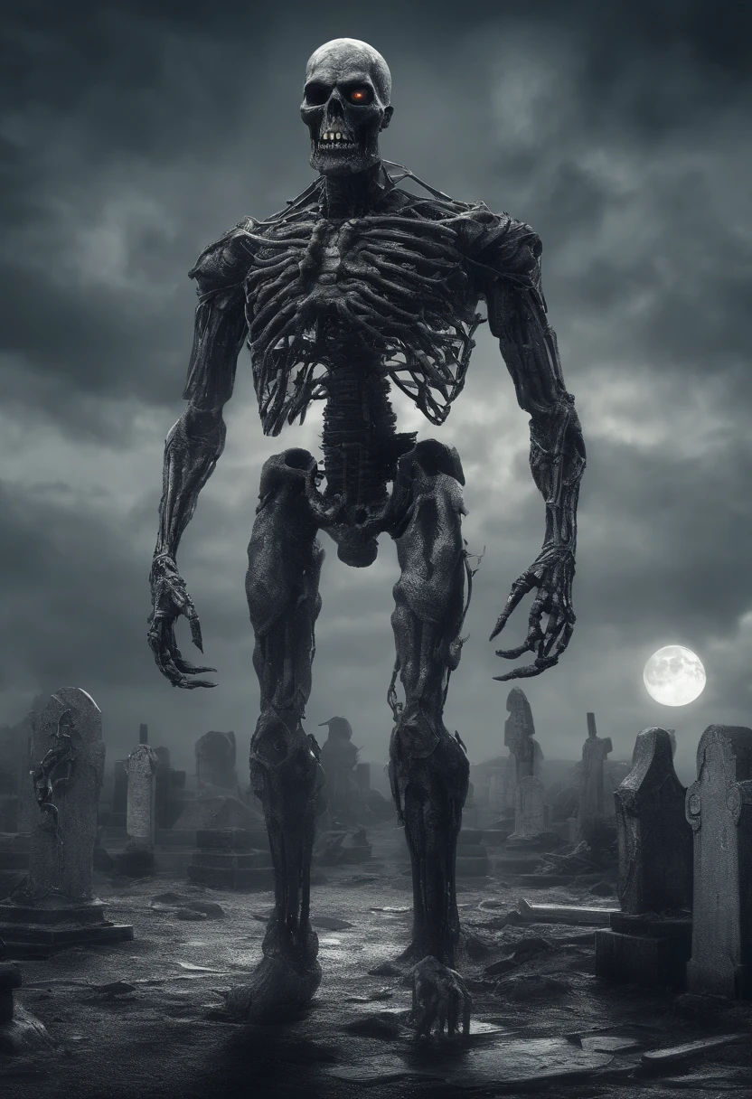 Artificial intelligent zombie eating robot brains, SFX, detailed, elegant, realistic, detailed, 8k resolution, blood in mouth ,white eyes, bones are visible, sitting at a graveyard, nighttime, sharp teeth’s, holding a human head in his arms, hyperdetailed, 4k resolution , 3d render,intricately detailed , cinematic, trending on artstation, Isometric Centered, hyperrealistic cover photo , cinematic, full moon in background, intricate details, 8k post production, high resolution, hyperdetailed, trending on artstation, sharp focus, studio photo, intricate details, highly detailed, horror, creepy, scary