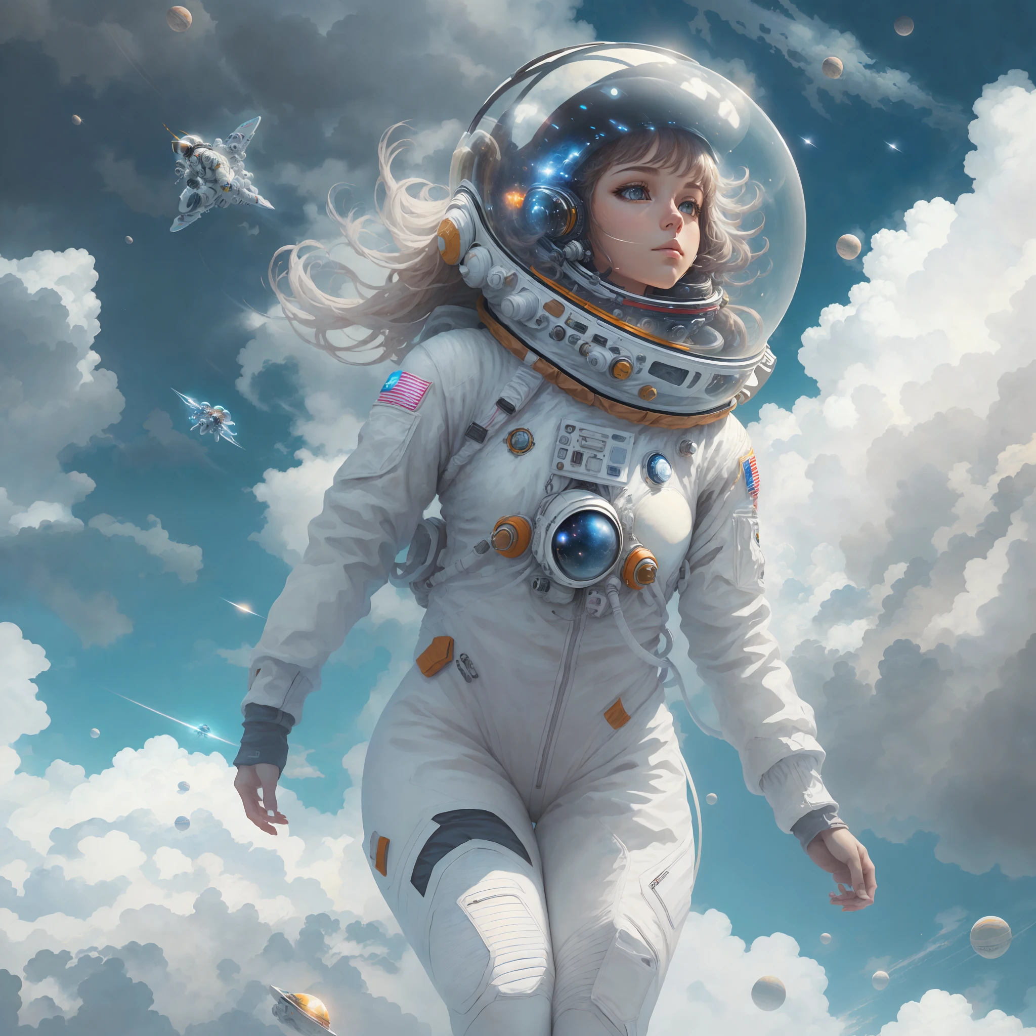 ((Masterpiece)), ((best quality)), ((super detailed)), (highly detailed CG illustration), amazing background, white sky background, a girl wearing a space combat suit, wearing a white space helmet, floating in the clouds, colorful