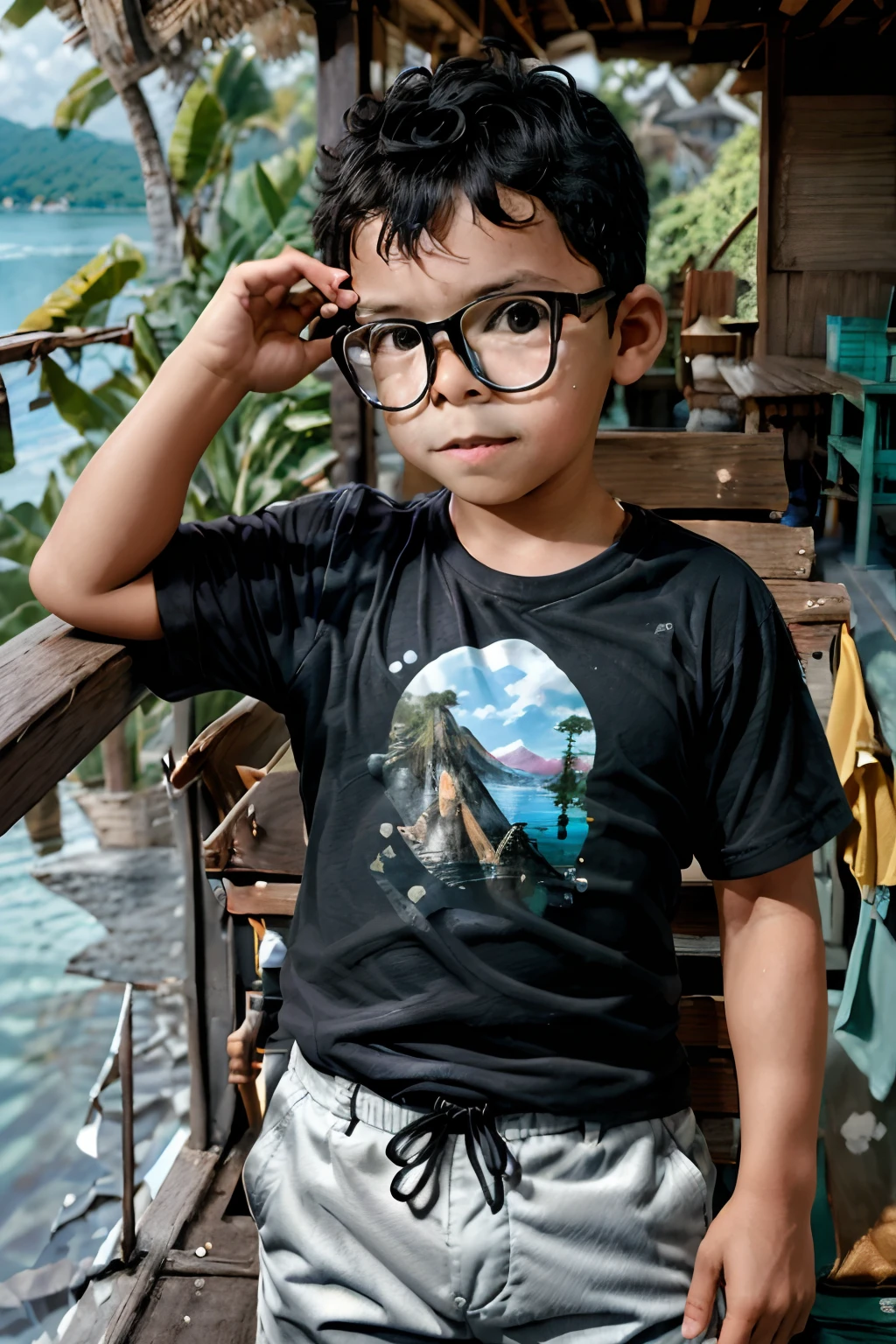 loranerdinho1, Here's a poignant portrait of a cheerful 3-year-old boy wearing glasses, alegremente colhendo flores perto de um sereno lago ao nascer do sol. A cena irradia com o suave, Luz quente do sol nascente, criando uma atmosfera tranquila e pitoresca.

O menino, with the glasses on, is depicted in hyper-realistic detail, capturando o puro deleite em seu rosto enquanto seguracuidadosamente as flores coloridas. He is dressed in a ((Black T-shirt and safari shorts)), that are rendered with meticulous attention to detail.

O ((background is expertly blurred), focusing all attention on the boy and the beauty of the moment. The lake behind him reflects the soft tones of the morning sky, aumentando a serenidade geral da cena.

created with octane rendering, This work achieves an astonishing level of detail and realism. with 8K resolution, Every aspect of the image is incredibly sharp, tornando-o uma obra-prima verdadeiramente cativante e hiper-detalhada.