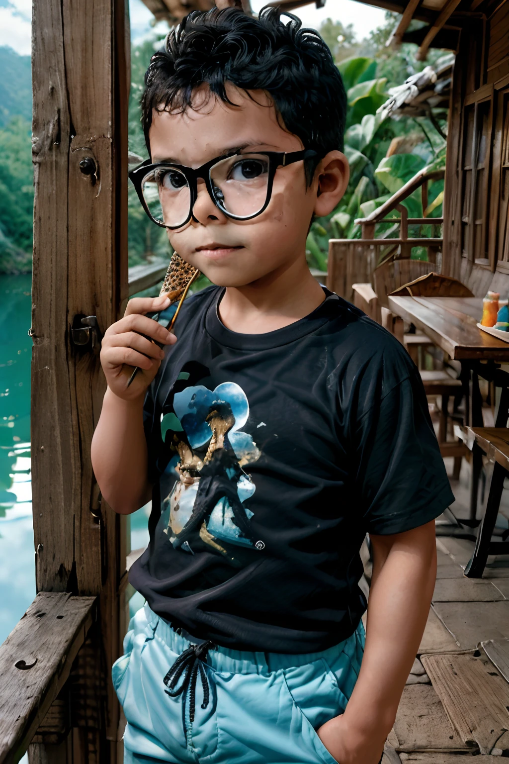 loranerdinho1, Here's a poignant portrait of a cheerful 3-year-old boy wearing glasses, alegremente colhendo flores perto de um sereno lago ao nascer do sol. A cena irradia com o suave, Luz quente do sol nascente, criando uma atmosfera tranquila e pitoresca.

O ******, with the glasses on, is depicted in hyper-realistic detail, capturando o puro deleite em seu rosto enquanto seguracuidadosamente as flores coloridas. He is dressed in a ((Black T-shirt and safari shorts)), that are rendered with meticulous attention to detail.

O ((background is expertly blurred), focusing all attention on the boy and the beauty of the moment. The lake behind him reflects the soft tones of the morning sky, aumentando a serenidade geral da cena.

created with octane rendering, This work achieves an astonishing level of detail and realism. with 8K resolution, Every aspect of the image is incredibly sharp, tornando-o uma obra-prima verdadeiramente cativante e hiper-detalhada.