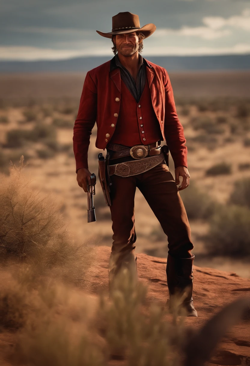 western strong cawboy,(full body),smile,revolver in hand,Soft light,Red Dead Redemption,