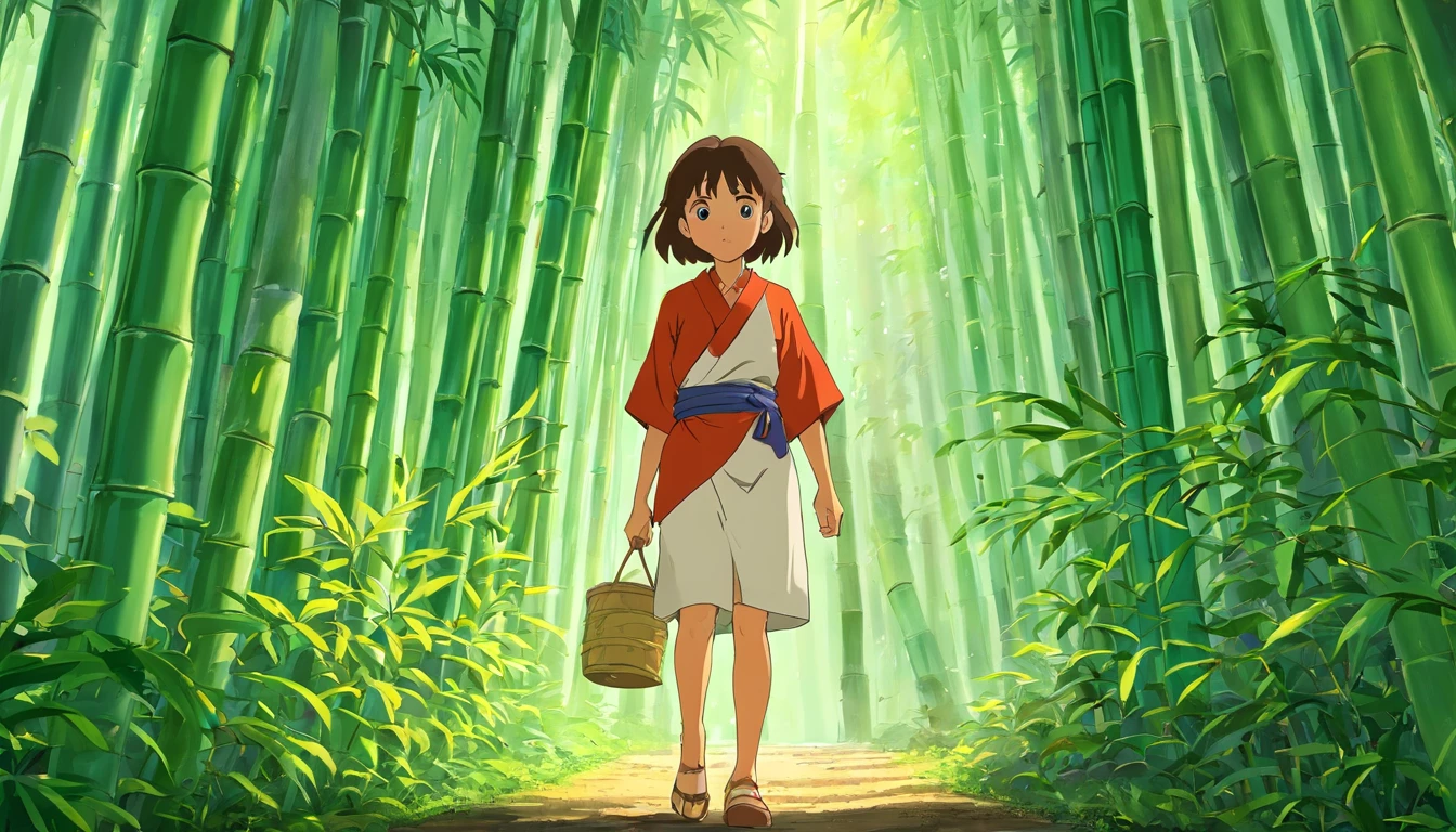 strong abandoned girl protagonist, dirt on face, mummy wraps, full body in frame, in a bamboo forest,