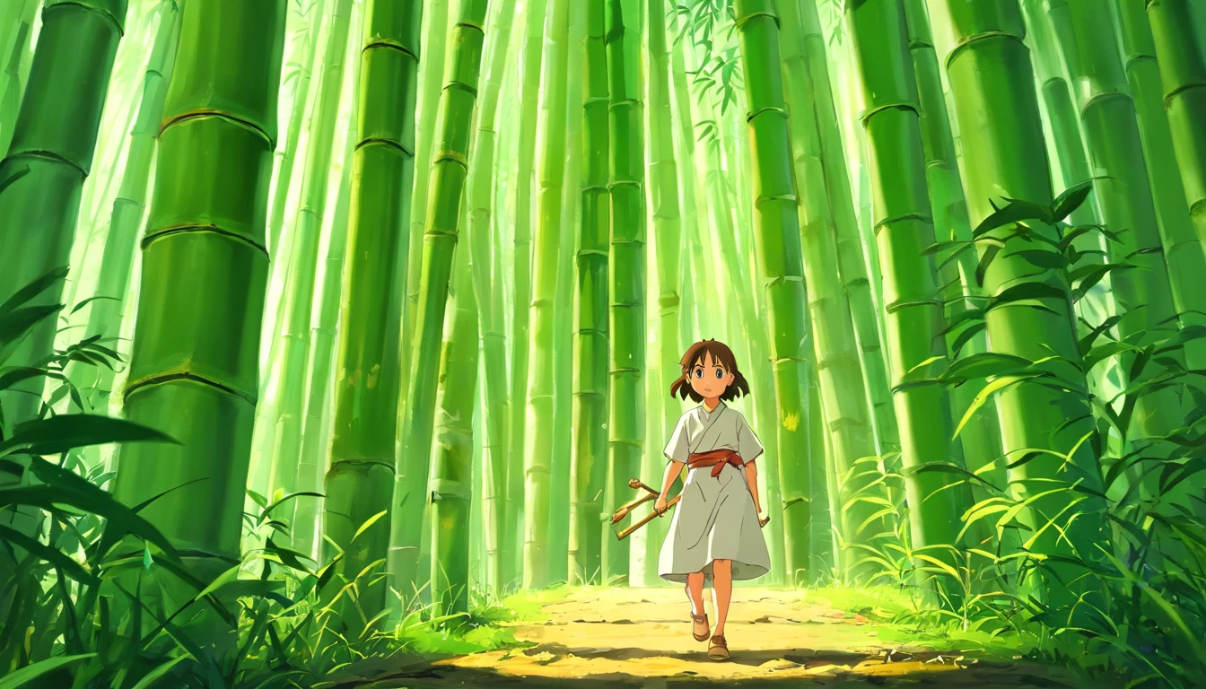 strong abandoned girl protagonist, dirt on face, mummy wraps, full body in frame, in a bamboo forest,