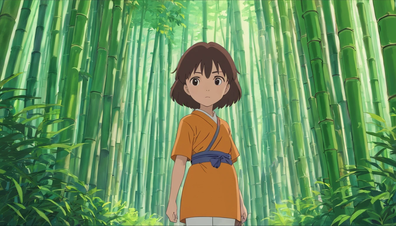 strong abandoned girl protagonist, dirt on face, mummy wraps, full body in frame, in a bamboo forest,