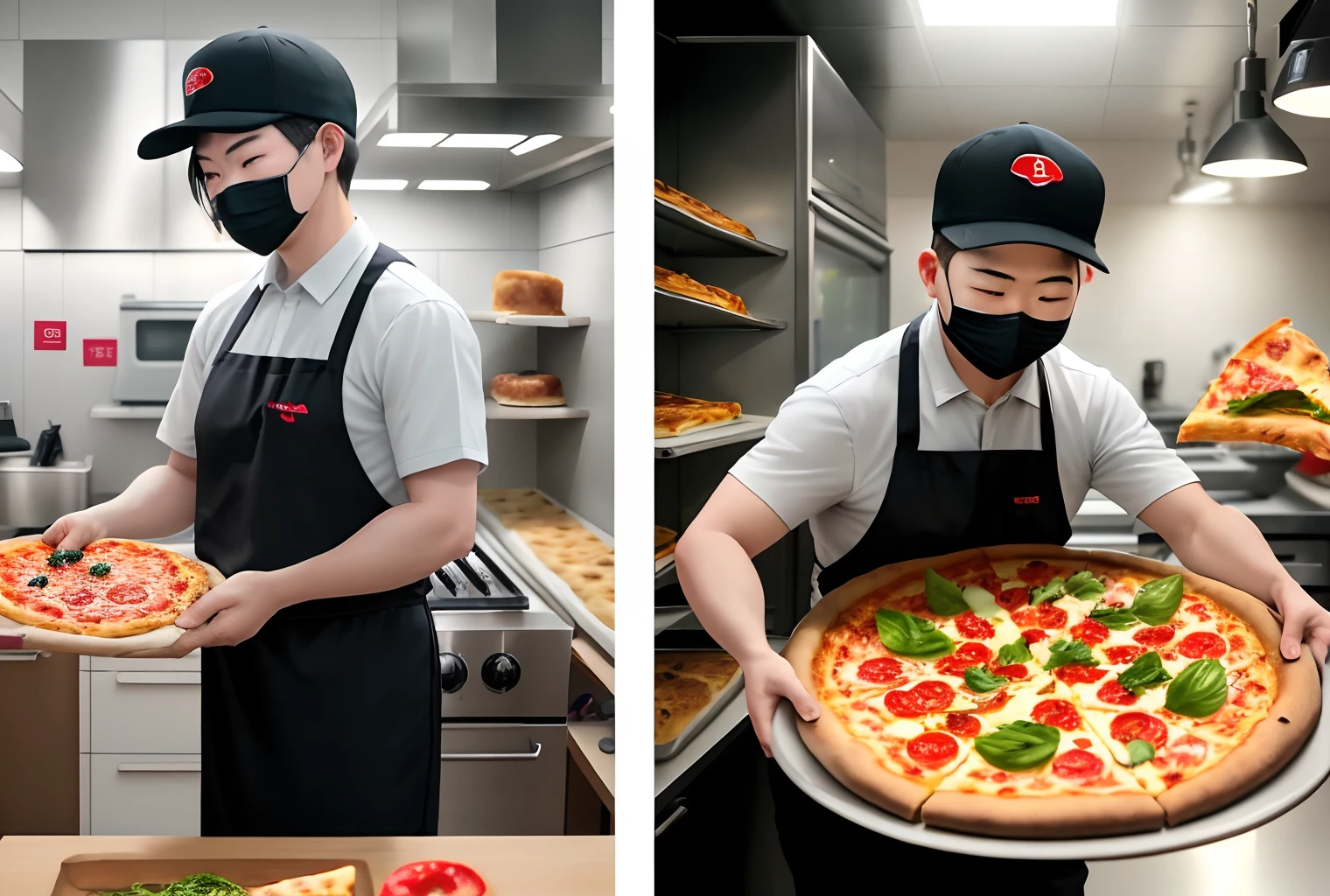 I need three photos of Pizza Hut's work:
The first photo shows the interior of Pizza Hut's restaurant,A young staff member is operating the oven,Bake pasta。The environment inside the restaurant was clean and tidy,The staff wear uniform uniforms,Wearing a hat and mask,Ensure food safety and hygiene。
The second photo is a takeout window for Pizza Hut,An older staff member is serving pizza to customers。The display board next to the window lists pizzas and drinks in a variety of flavors,For customers to choose。
The third photo shows the interior of Pizza Hut's kitchen,An older staff member is making pizza。He is skillful,Place the dough on a baking sheet,Spread the sauce,Sprinkle with various toppings,Then bake in the oven。The whole kitchen is well equipped,Clean and hygienic。