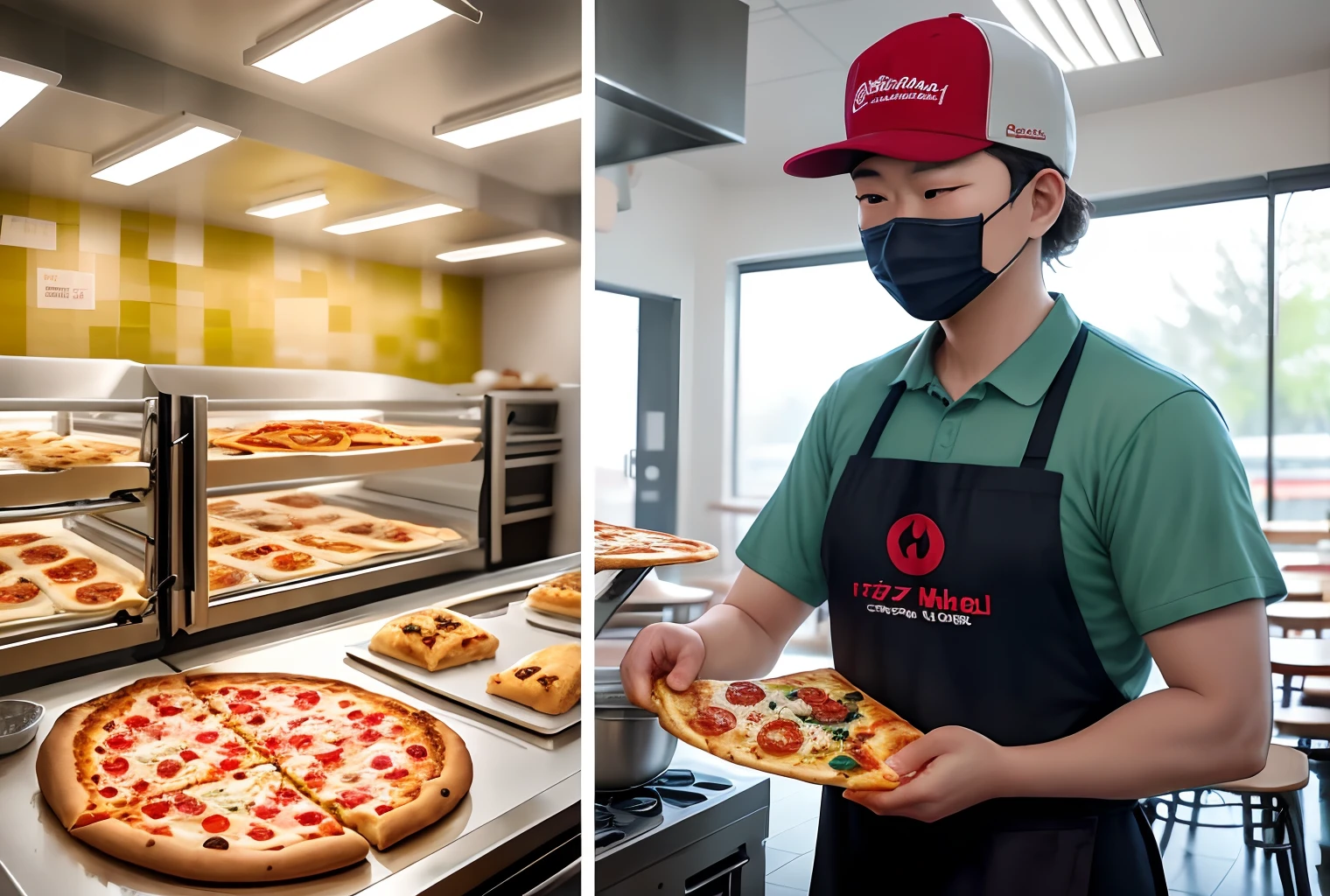 I need three photos of Pizza Hut's work：

The first photo shows the interior of Pizza Hut's restaurant，A young staff member is operating the oven，Bake pasta。The environment inside the restaurant was clean and tidy，The staff wear uniform uniforms，Wearing a hat and mask，Ensure food safety and hygiene。

The second photo is a takeout window for Pizza Hut，An older staff member is serving pizza to customers。The display board next to the window lists pizzas and drinks in a variety of flavors，For customers to choose。

The third photo shows the interior of Pizza Hut's kitchen，An older staff member is making pizza。He is skillful，Place the dough on a baking sheet，Spread the sauce，Sprinkle with various toppings，Then bake in the oven。The whole kitchen is well equipped，Clean and hygienic。