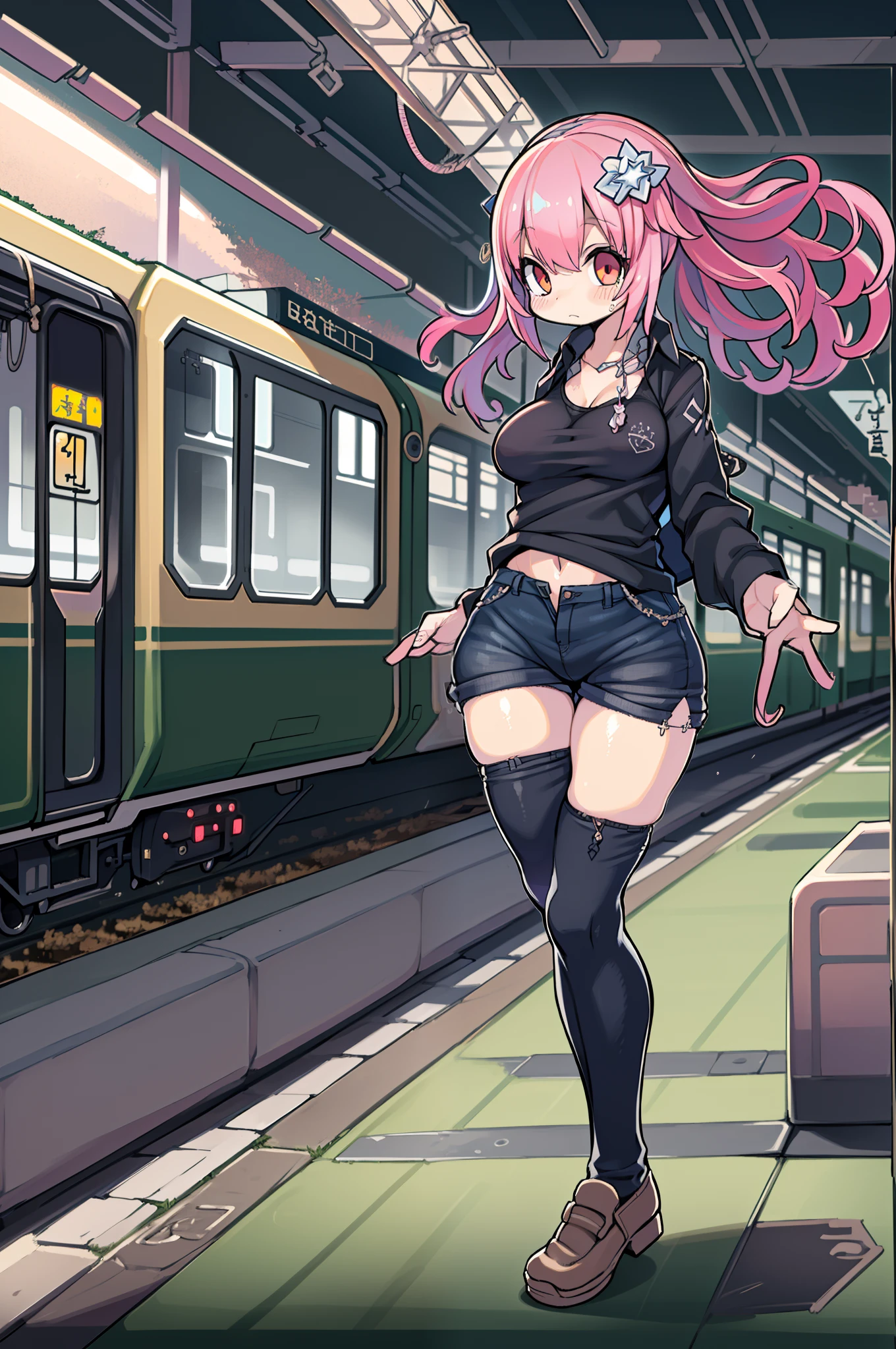 (masutepiece), (Best Quality), (hight resolution), Detailed, (Details 1.2), (Hyper Detail 1.4), (Glamorous Digital Art 1.2), absurderes, 1girl in, Small breasts, Ass, Hair ornaments, Solo, Pink hair, (Black shirt:1.3), jeans, (train station:1.2) Running, thighs thighs thighs thighs, shortstack,